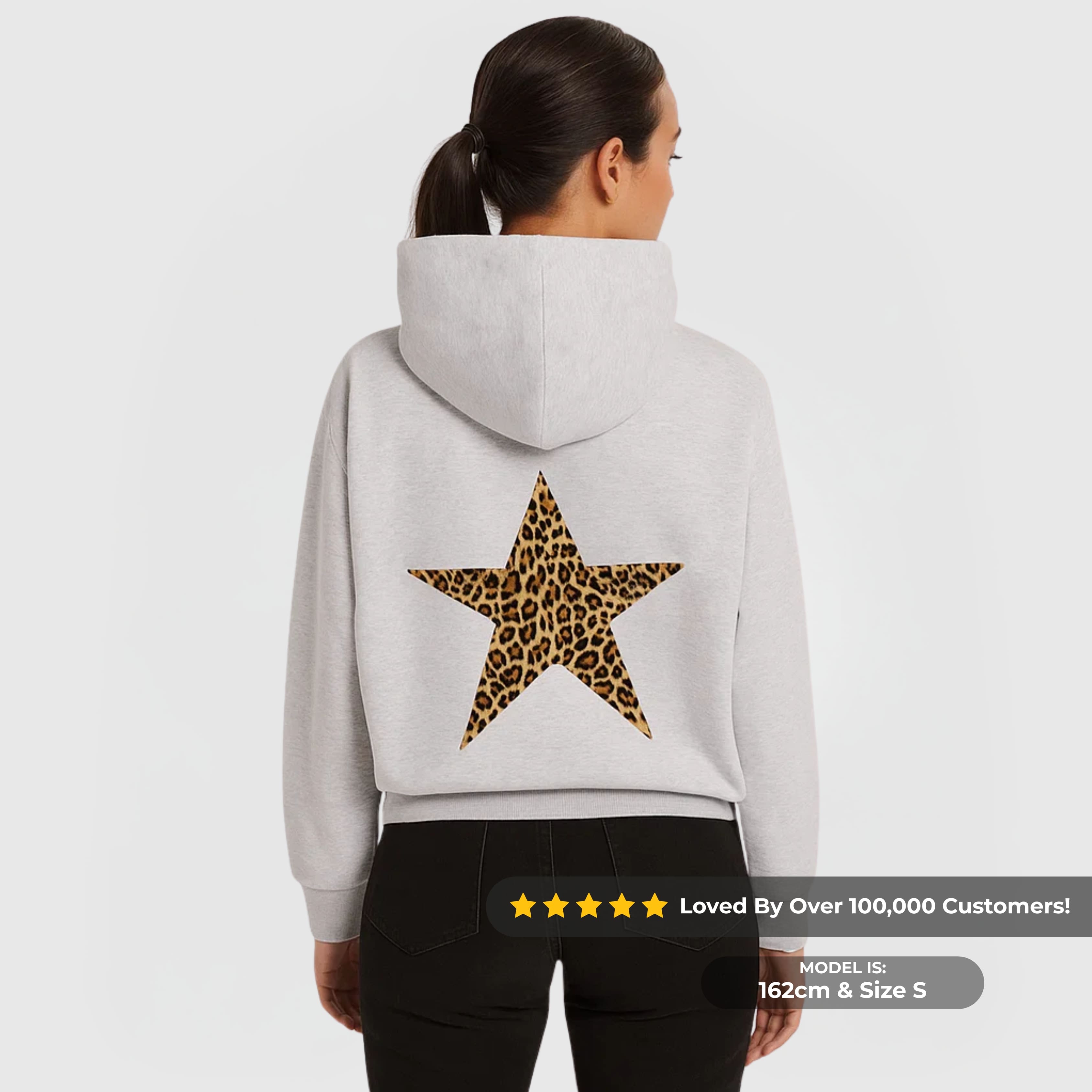 Star Hoodie – Grey with relaxed fit and large leopard print star on back, perfect for casual wear and layering.