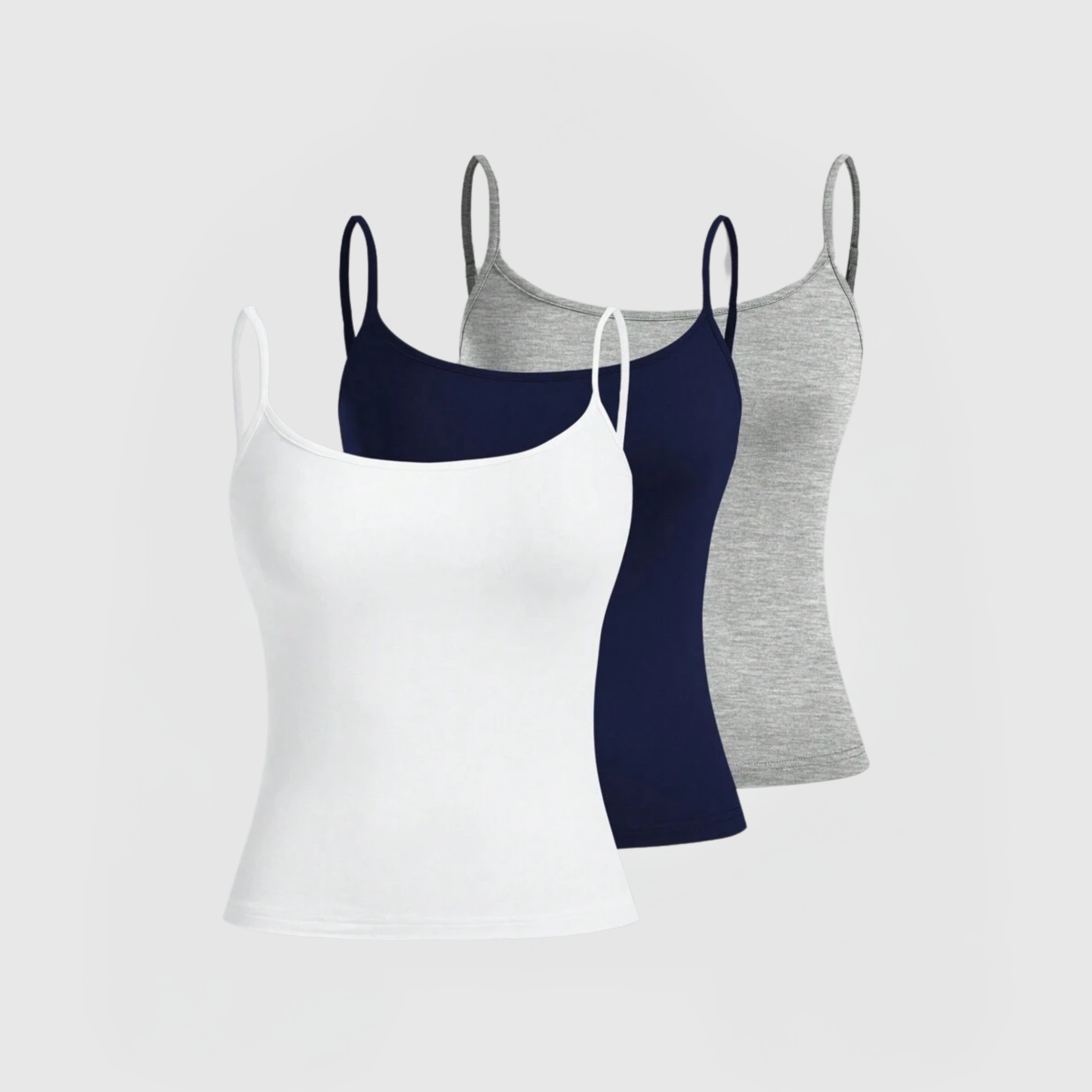 Everyday Cami 3-Pack - WBG in white, navy, and heather grey with thin straps and scoop neckline.