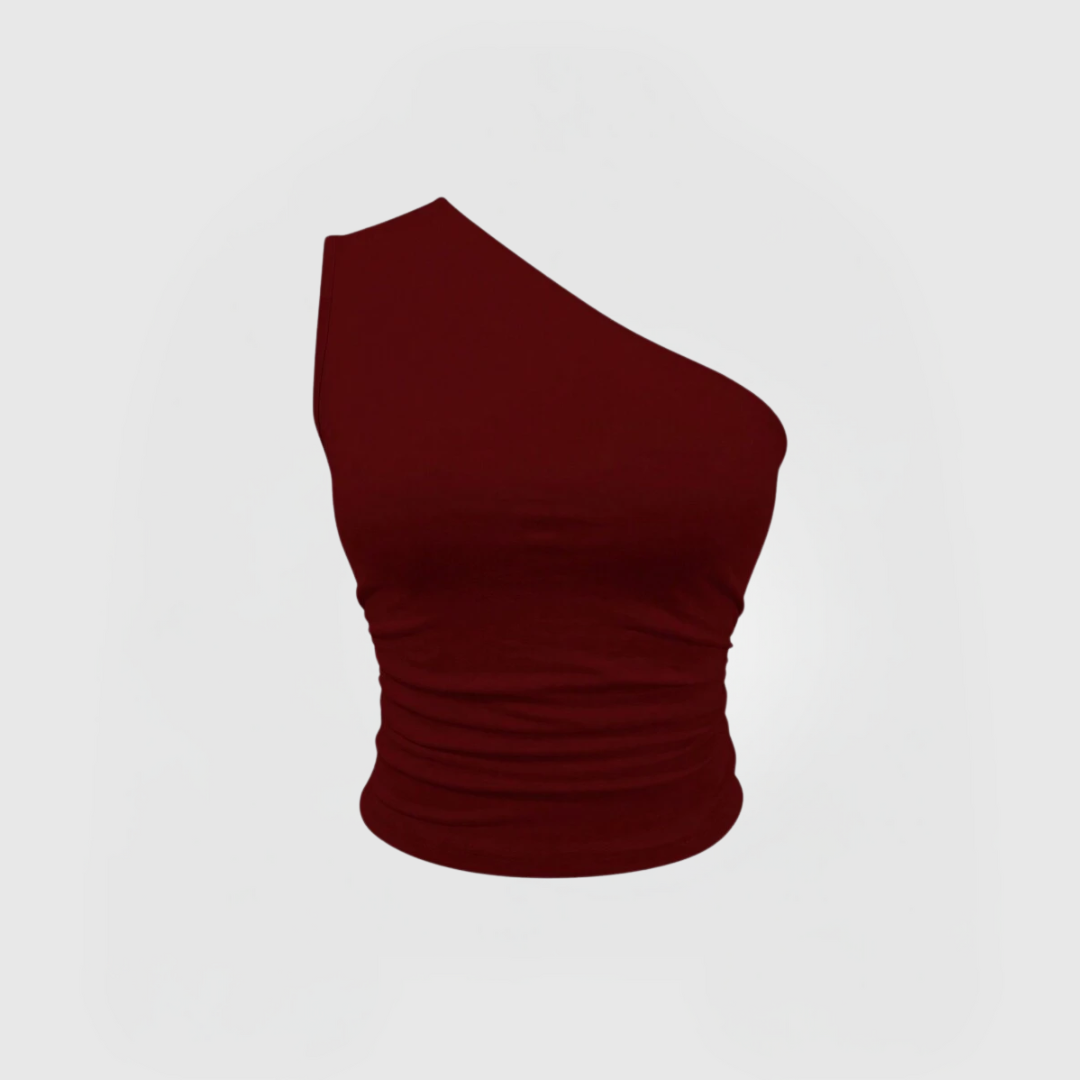 One-Shoulder Ruched Top – Burgundy with asymmetrical design, flattering side ruching, and soft stretchy fabric in a cropped fit.