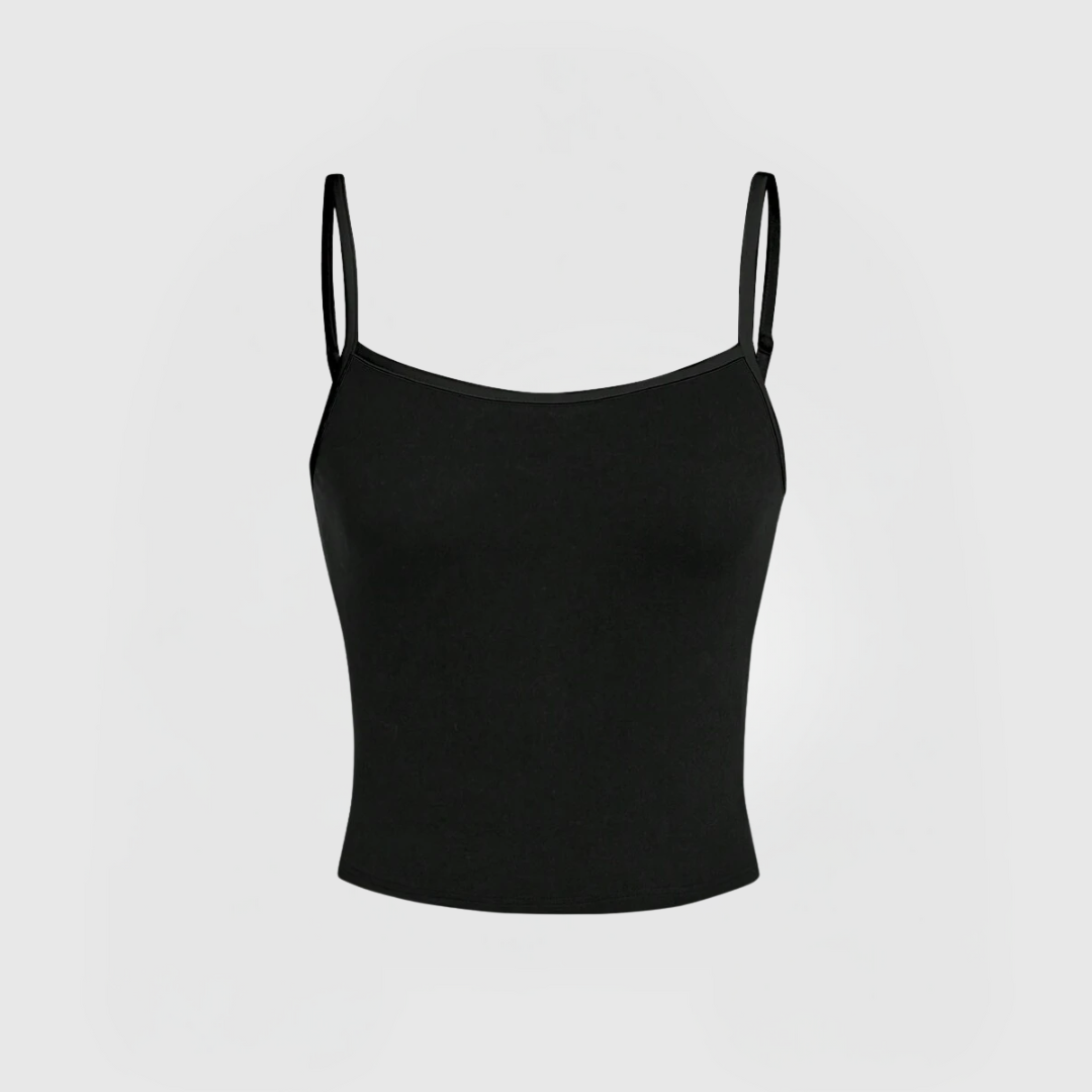 Essential Cami Top – Black with scoop neckline, thin straps, breathable stretch fabric, perfect for layering or wearing solo.