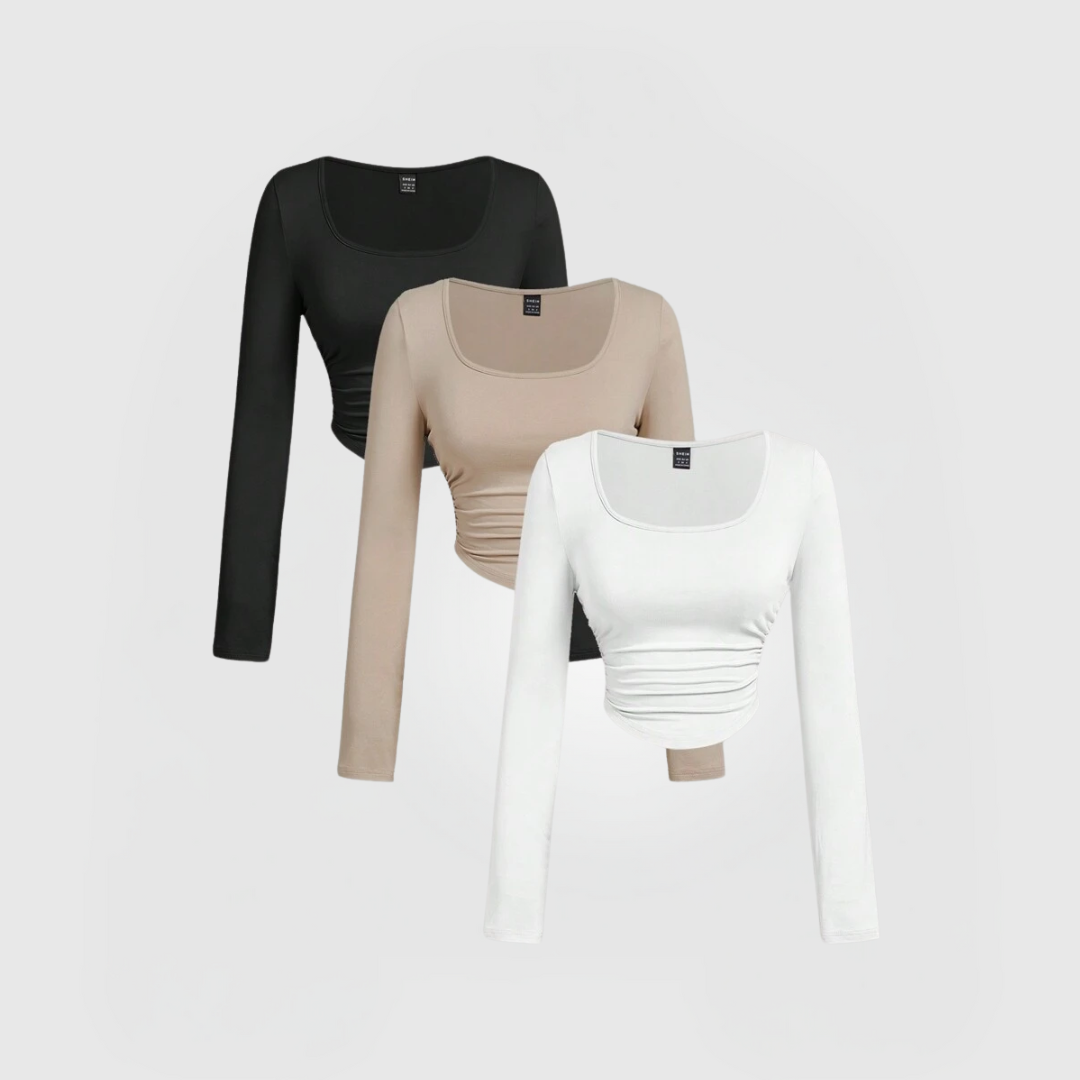 Everyday Long Sleeve 3-Pack - WMB in black, nude, and white with long sleeves and scoop necks on a plain background.