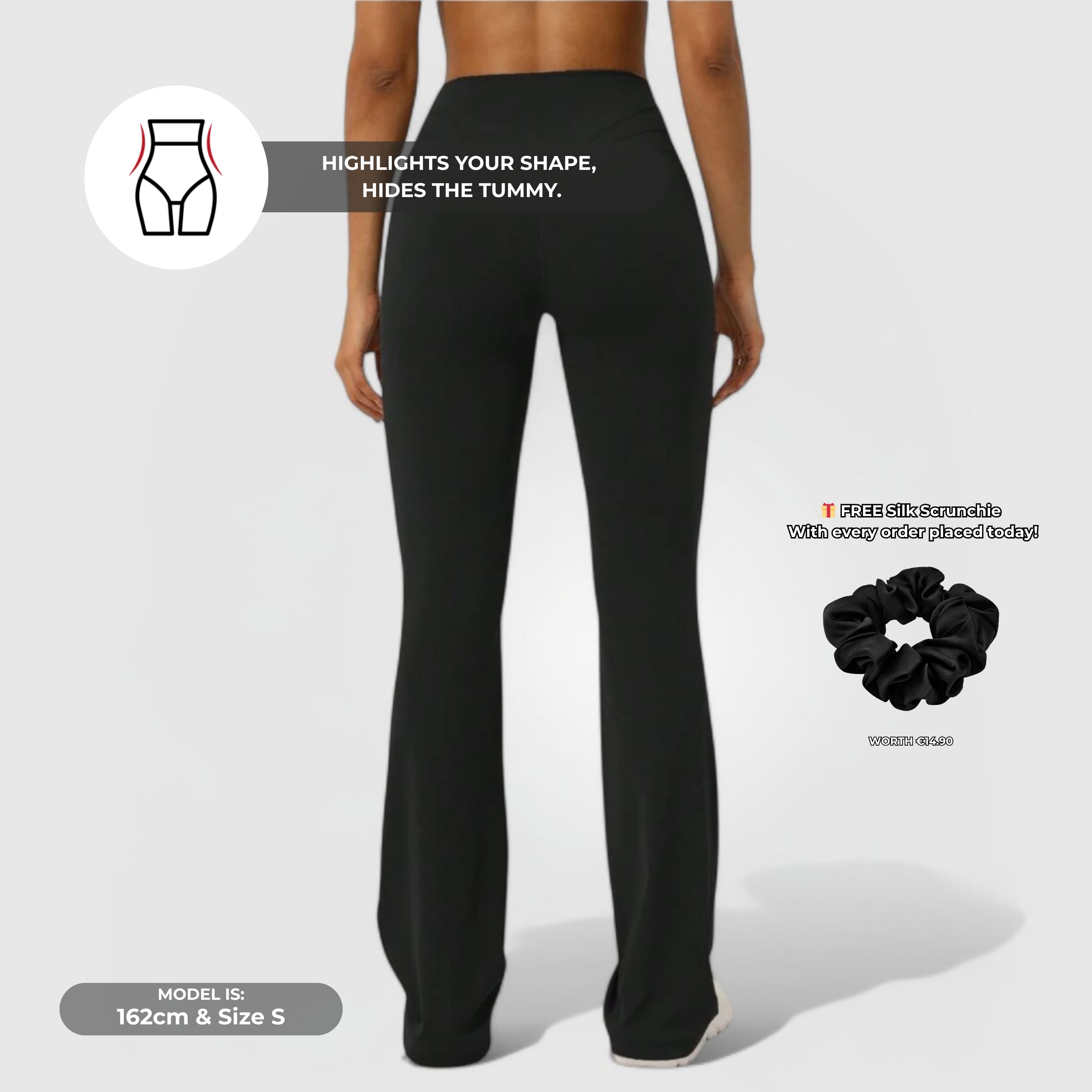 Everyday Flare Pants - Black shown from back in high-rise, soft stretchy flare fit highlighting shape and hiding tummy.