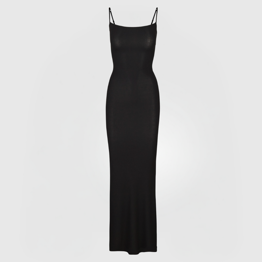 Sleek black body-hugging Sculpting Maxi Dress with thin straps and scoop neckline in stretchy ribbed knit fabric.