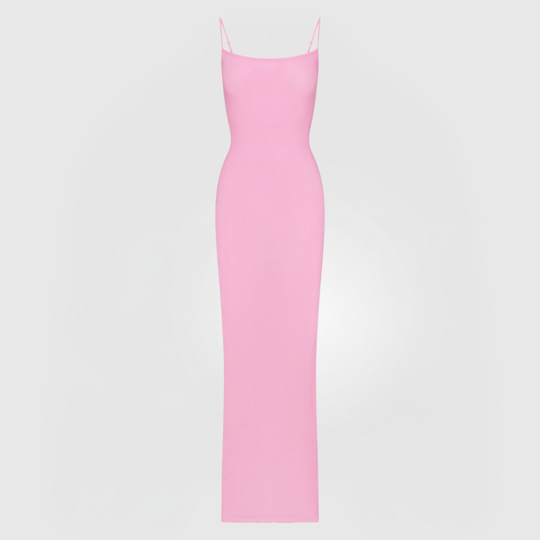 Sleek pink body-hugging Sculpting Maxi Dress with thin straps and scoop neckline in soft ribbed knit fabric.