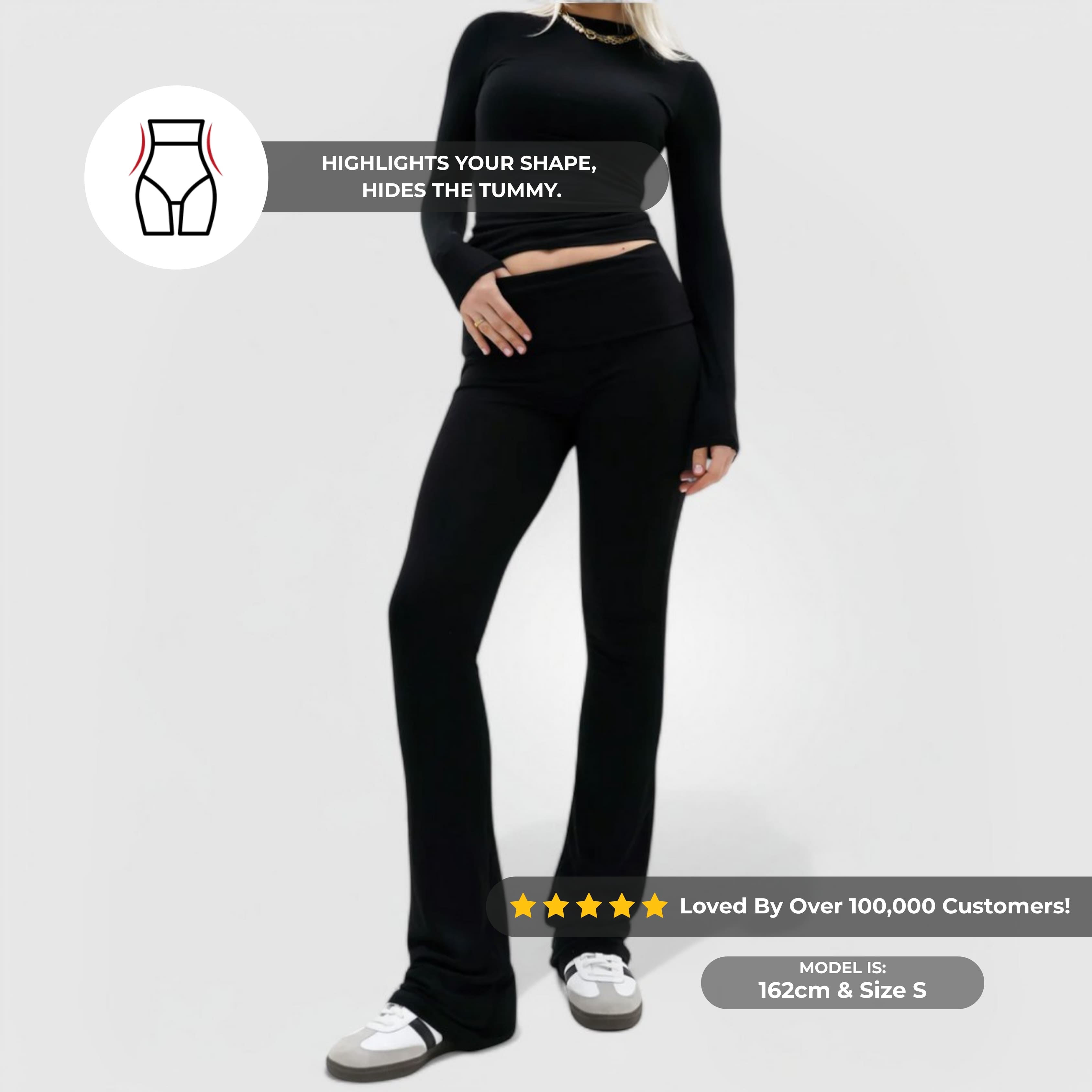 CloudKnit™ Flare Leggings - Black high-waisted, ribbed knit leggings highlighting shape and smoothing tummy.