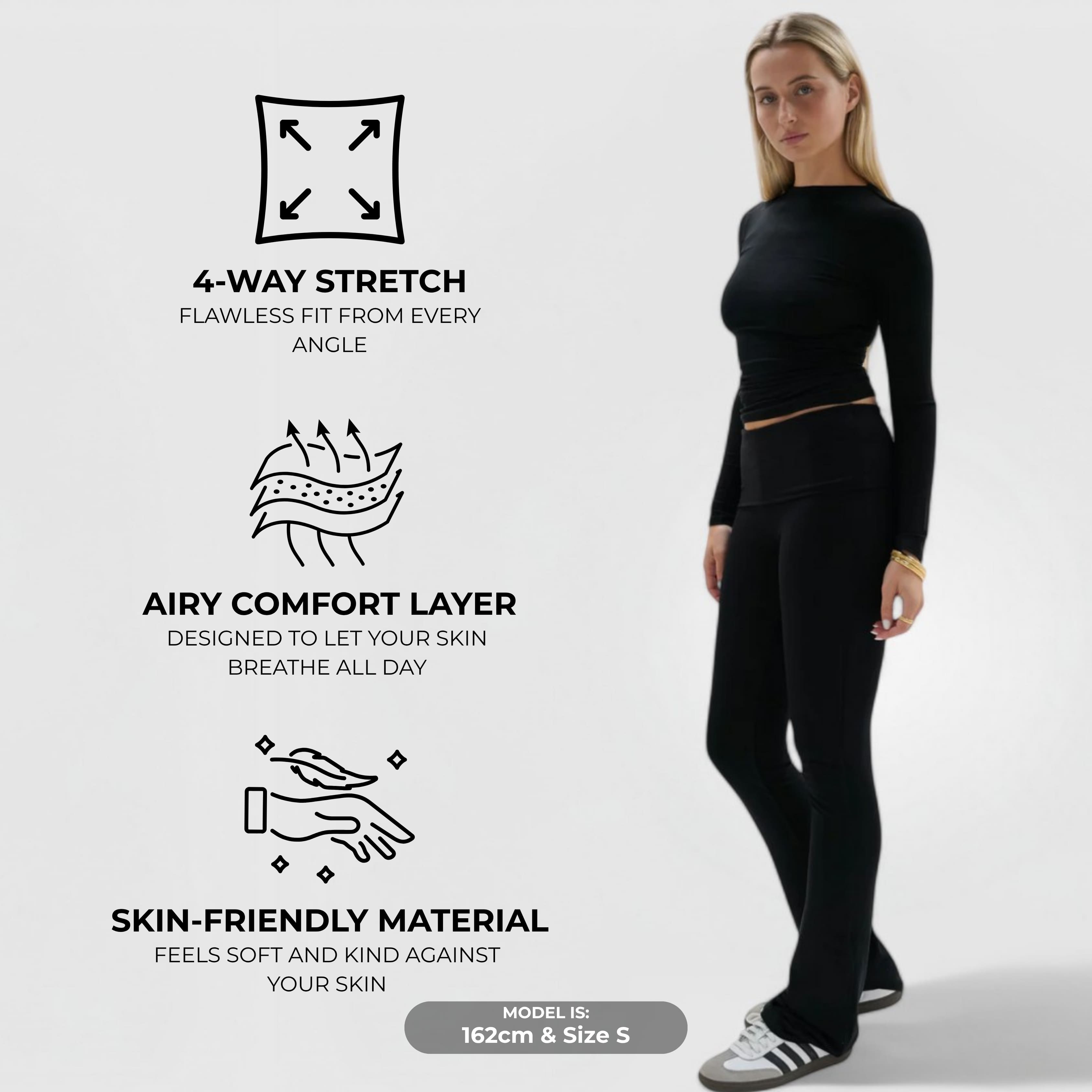 CloudKnit™ Flare Leggings - Black, high-rise, ribbed knit, 4-way stretch, breathable, skin-friendly, ankle-length fit.
