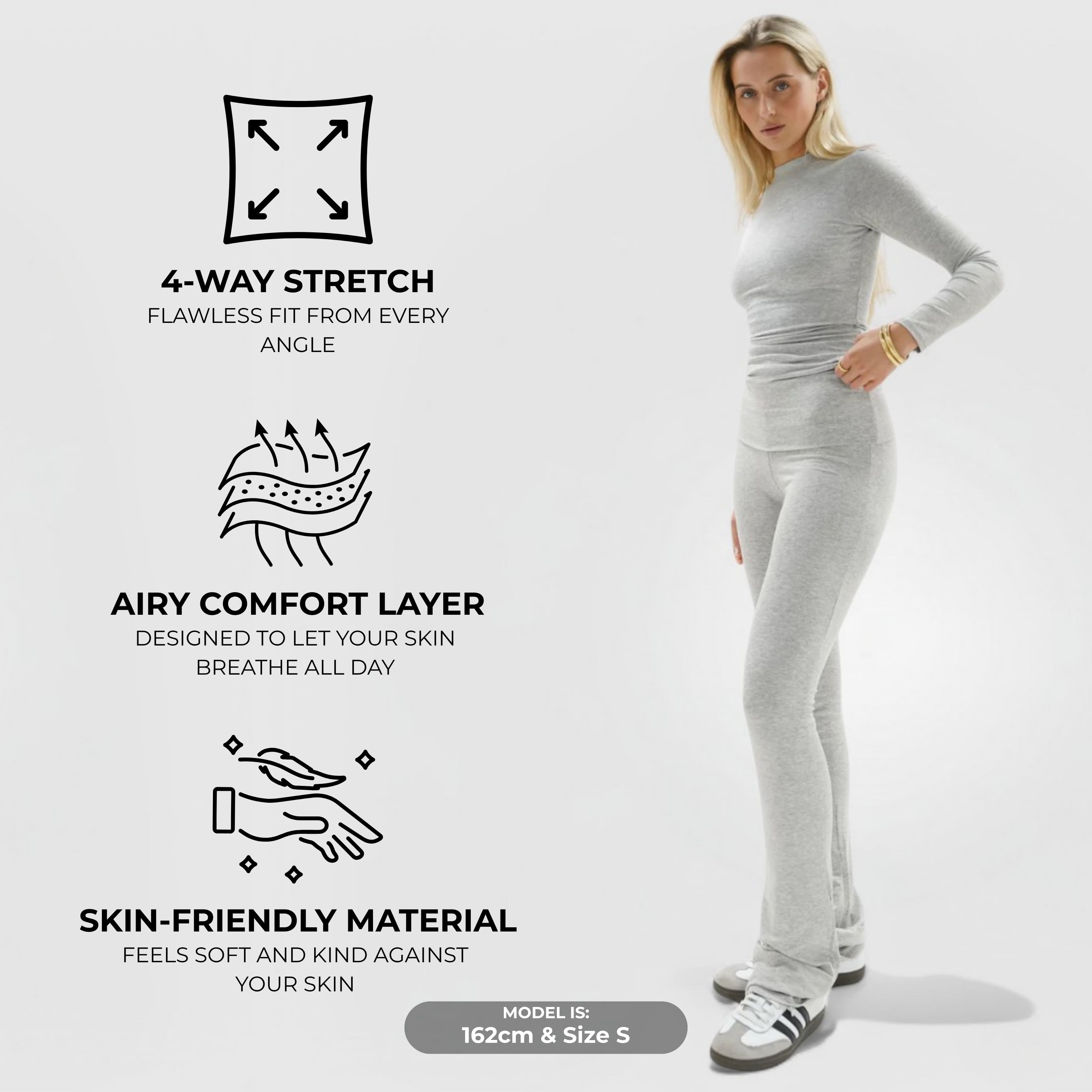 Woman wearing CloudKnit™ Flare Leggings - Grey showing high-waist ribbed knit with flare at ankles.
