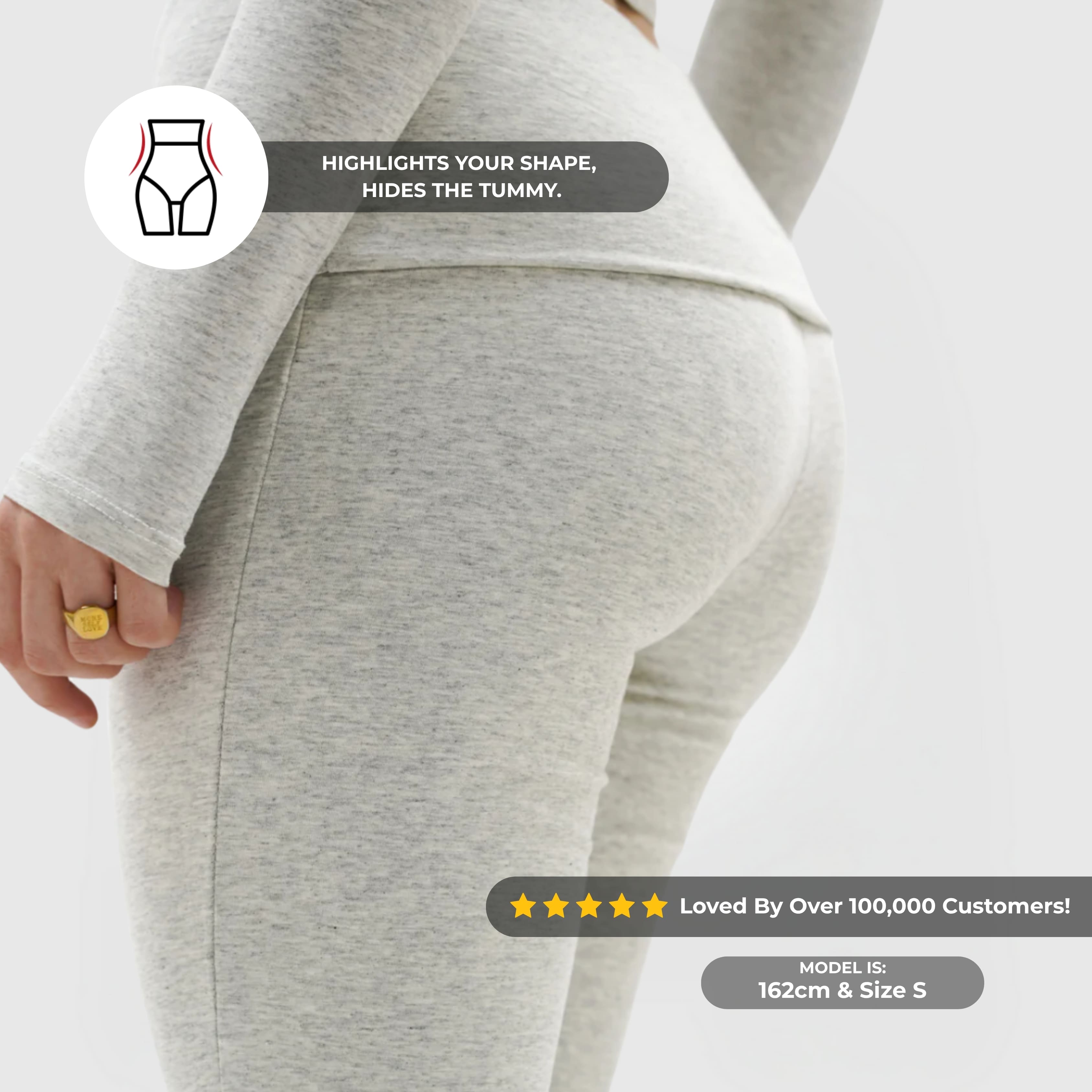 Close-up of a person wearing CloudKnit™ Flare Leggings - Grey showing high-rise waistband and soft ribbed fabric.