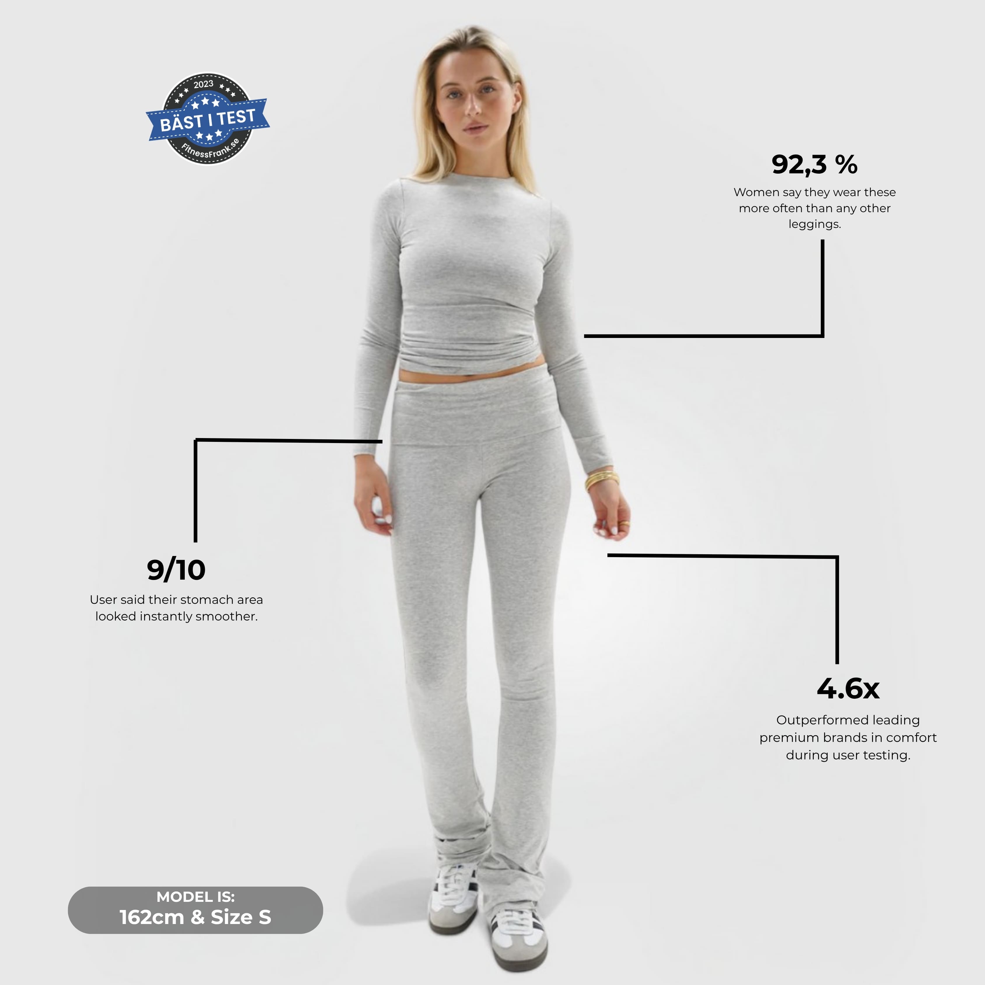 CloudKnit™ Flare Leggings - Grey worn by model, high-rise ribbed soft knit with flare ankle-length fit.