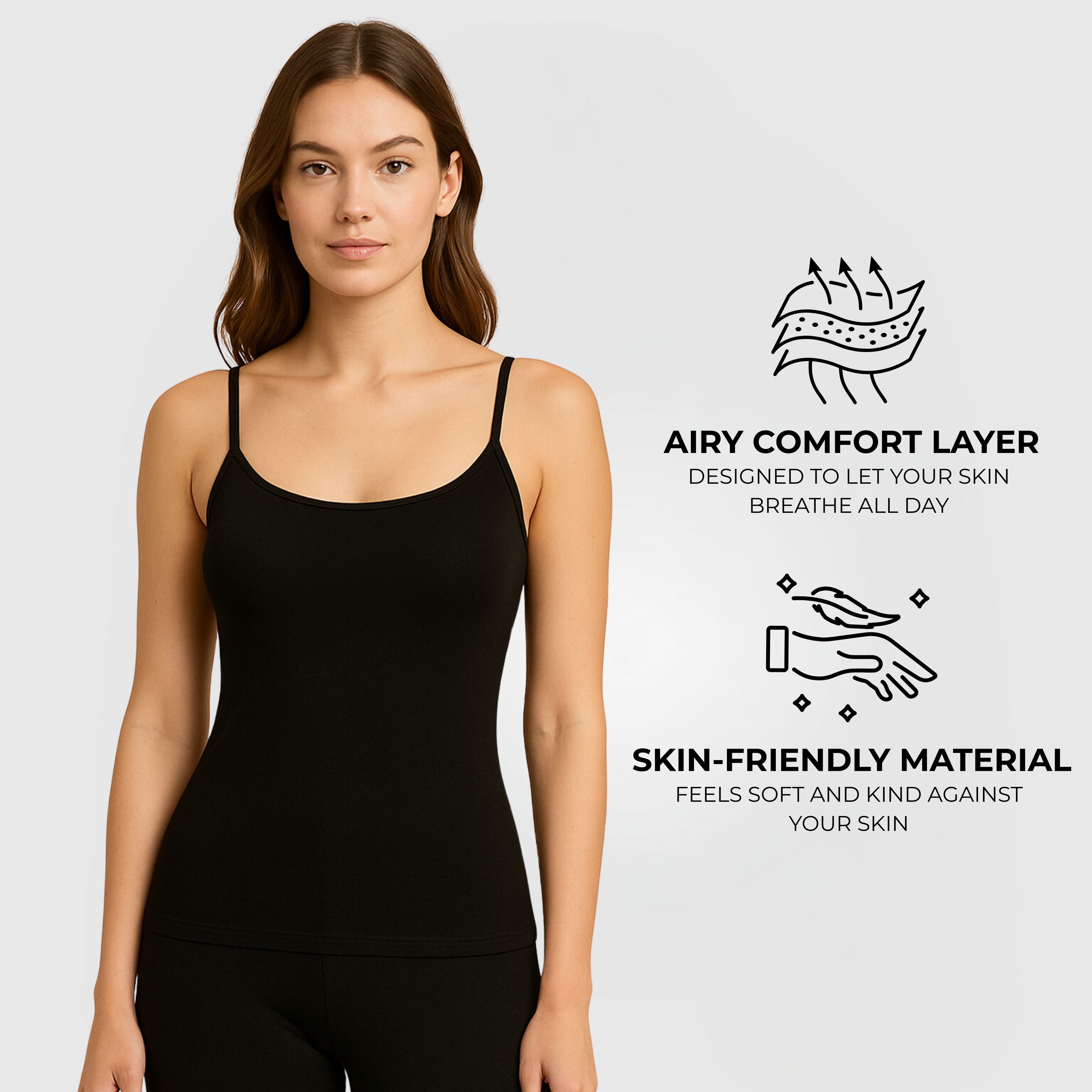 Everyday Cami 3-Pack - WMB black cami top on model with breathable, skin-friendly fabric and slim straps.