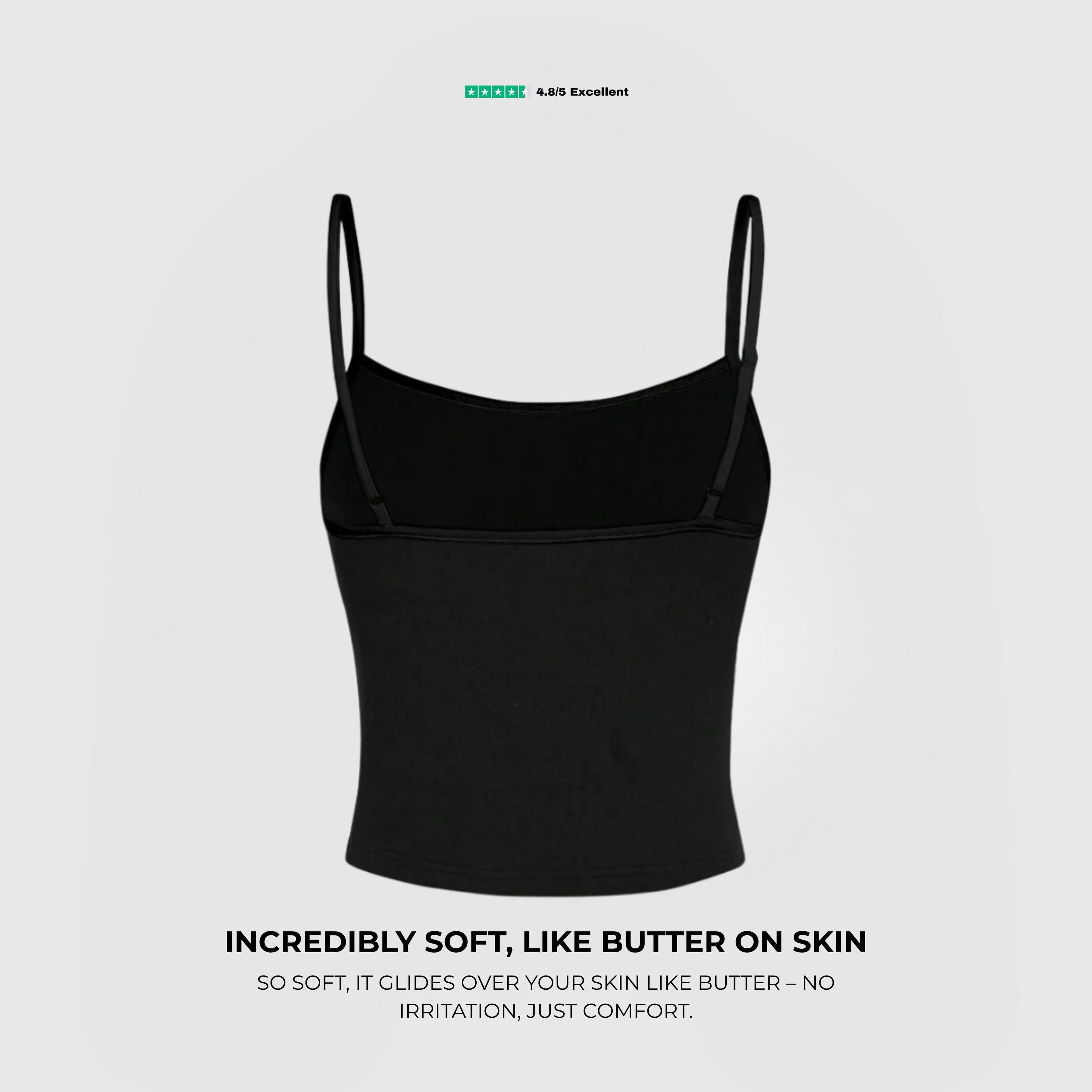 Essential Cami Top – Black with scoop neckline and thin straps made from soft, breathable stretch fabric for all-day comfort.