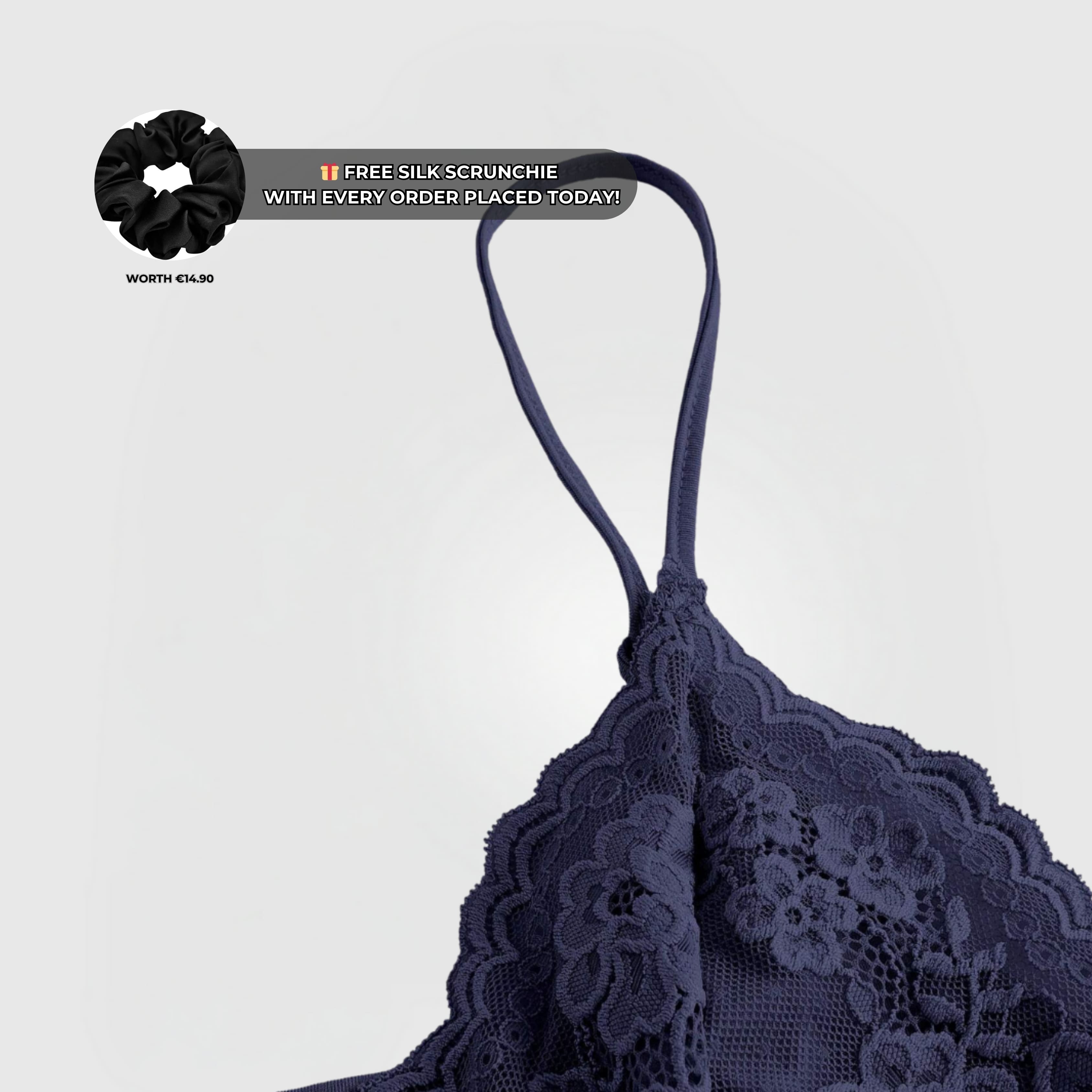 Soft Lace Cami - Blue with delicate lace trim, adjustable straps, and ruched front detail in a soft stretchy fabric.