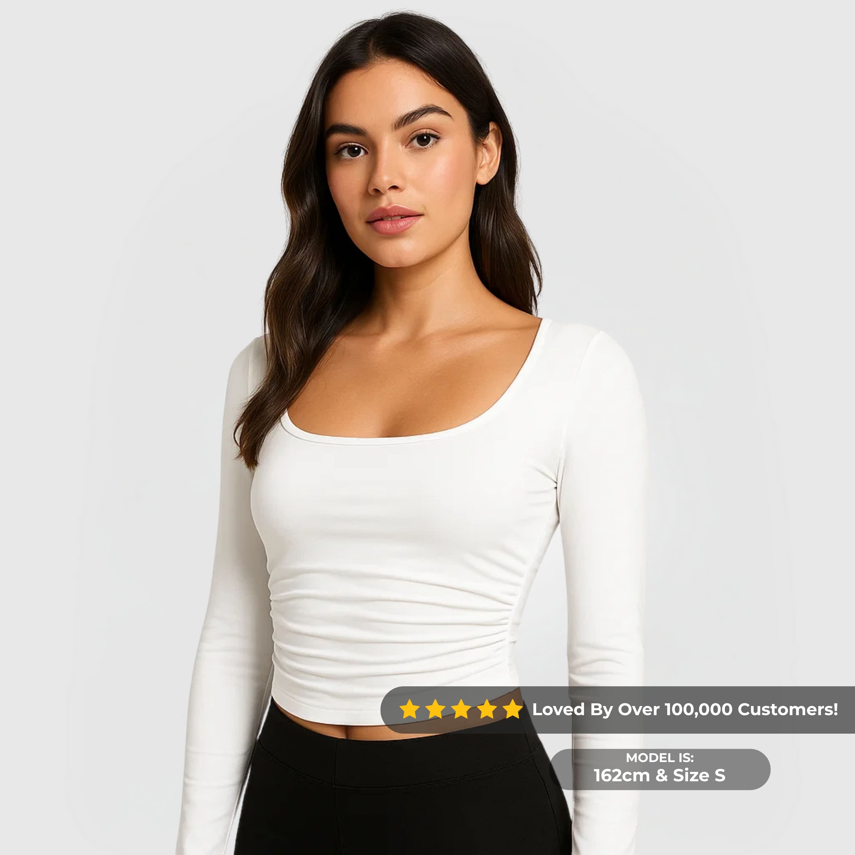 Everyday Long Sleeve 3-Pack - WGB white long sleeve top with scoop neck worn by female model.