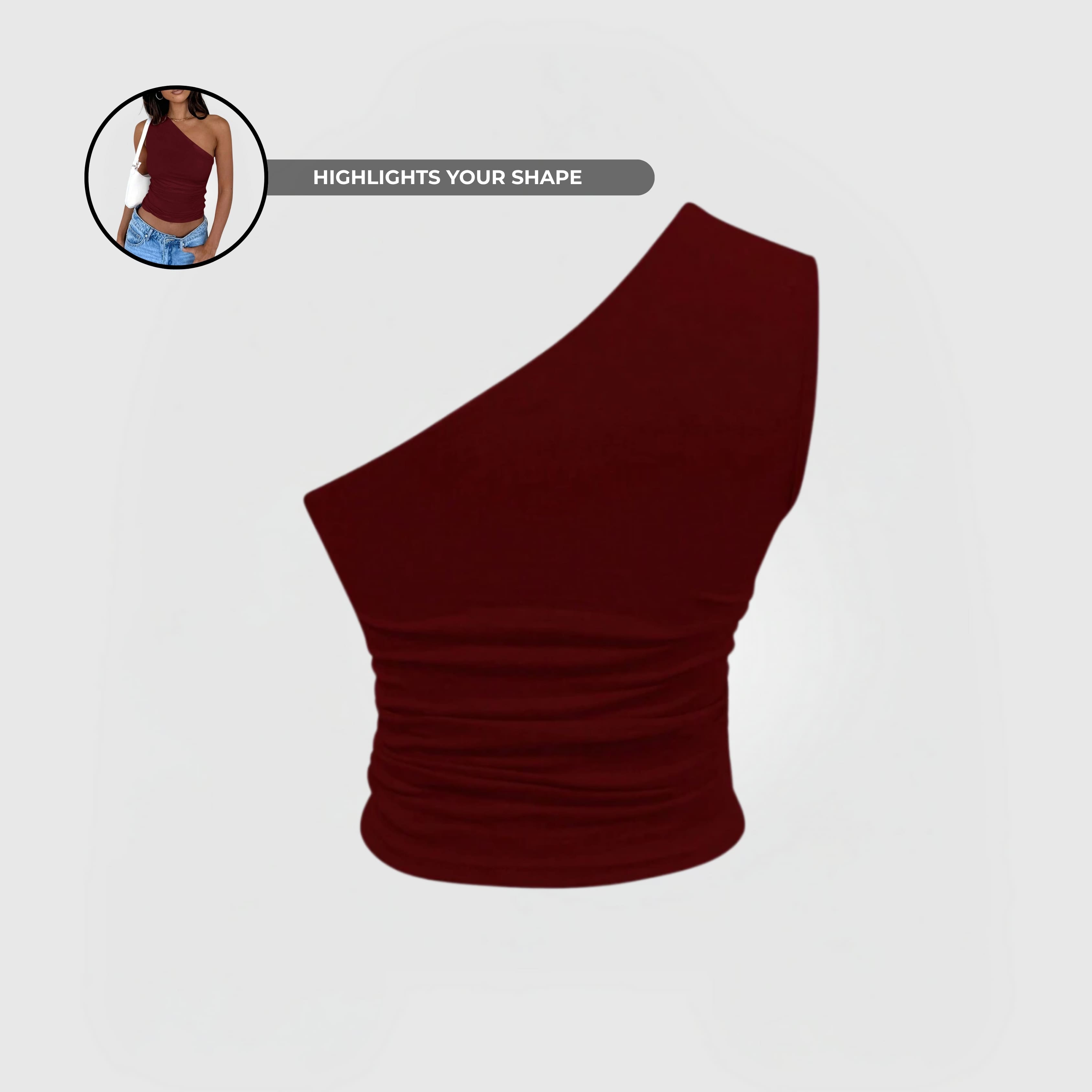 One-Shoulder Ruched Top – Burgundy with asymmetrical design, side ruching, and stretchy cropped fit for flattering elegance.