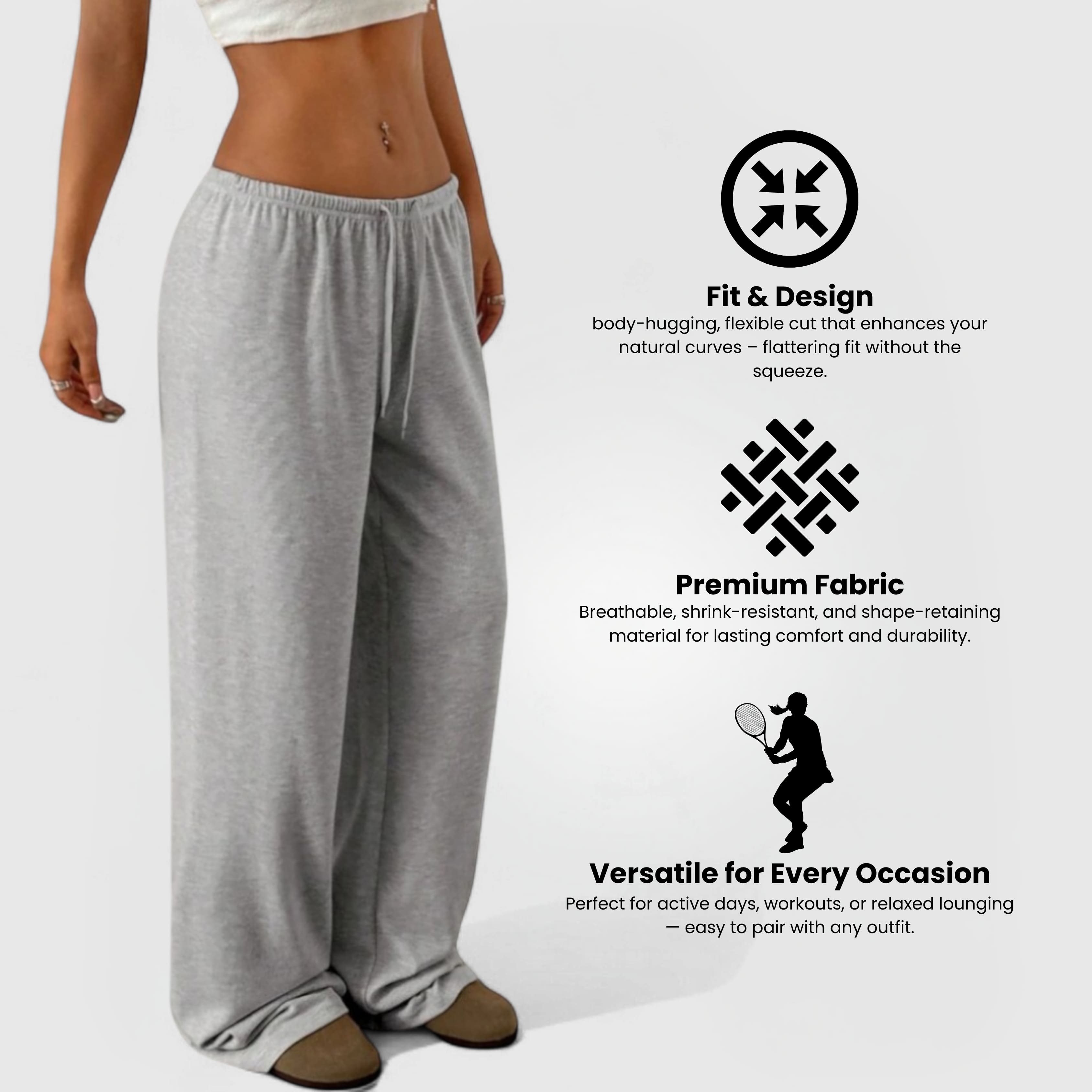 Fleece Joggers – Grey with elastic waistband, straight-leg fit, soft breathable fabric, perfect for lounging or active wear.