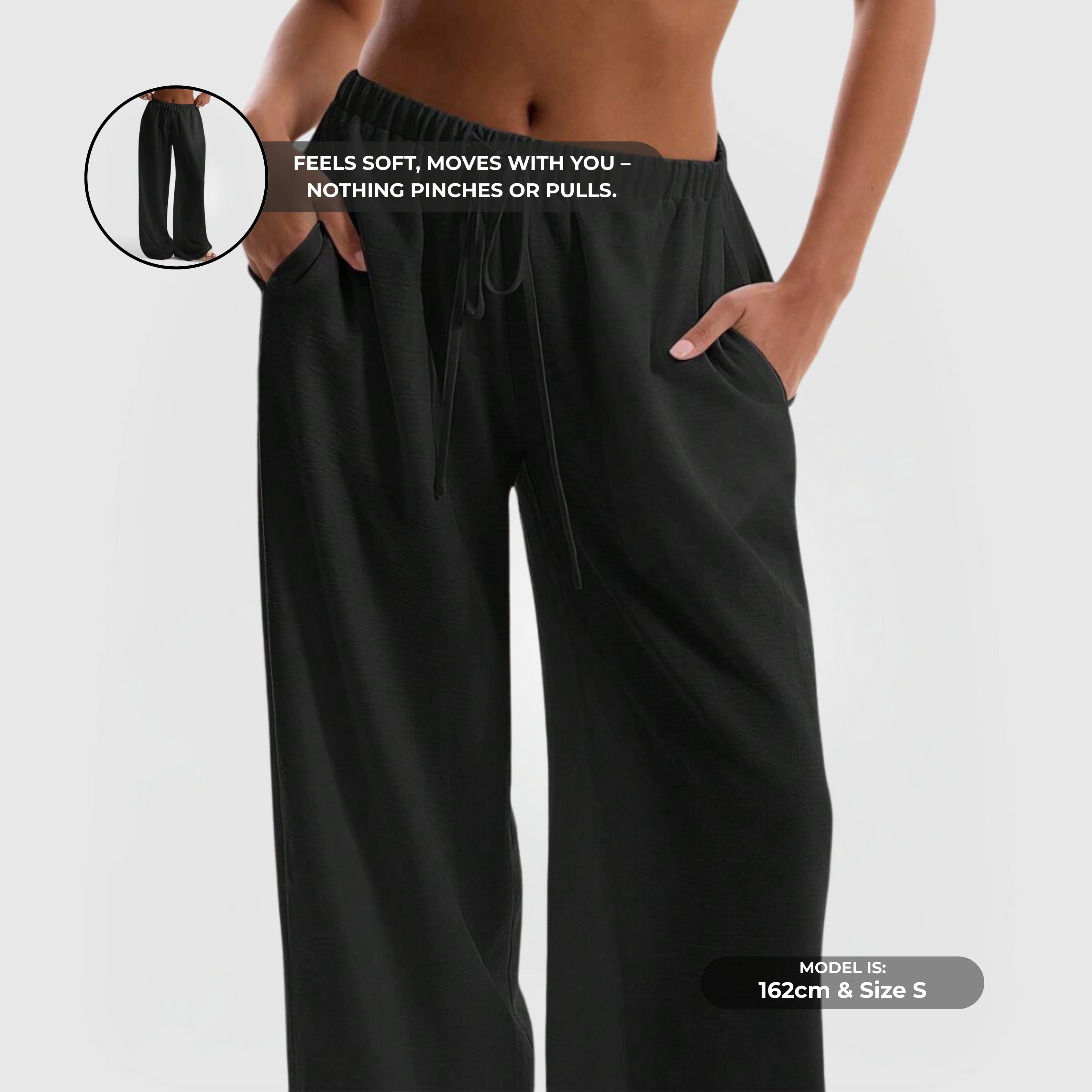 Relaxed Linen Pants - Black featuring soft, breathable fabric, elastic waistband, wide-leg fit, and functional side pockets.