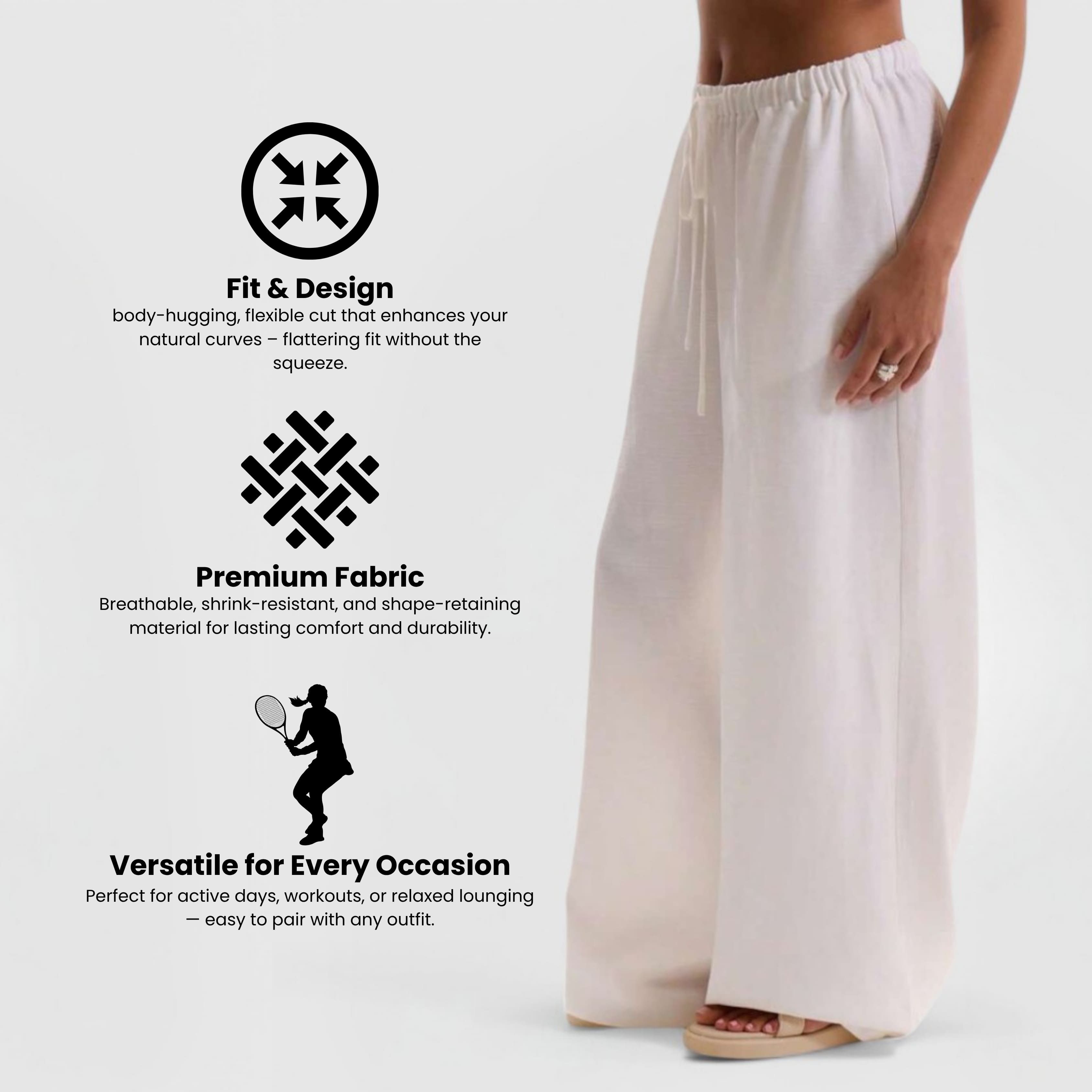 Relaxed Linen Pants - White wide-leg breathable trousers with elastic waistband, perfect for comfort and versatile styling.
