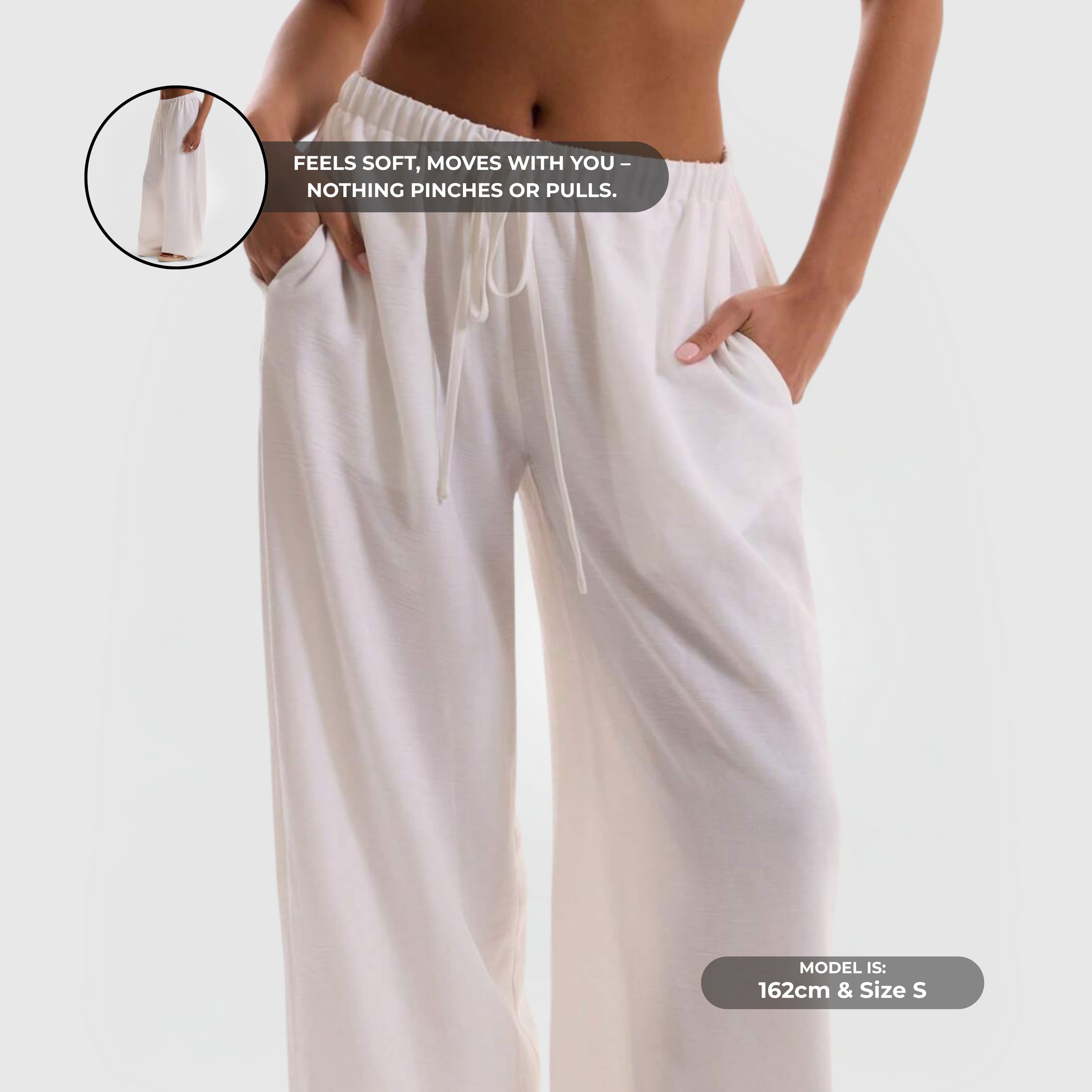 Relaxed Linen Pants - White, wide-leg linen blend trousers with elastic waistband and side pockets for breathable comfort.