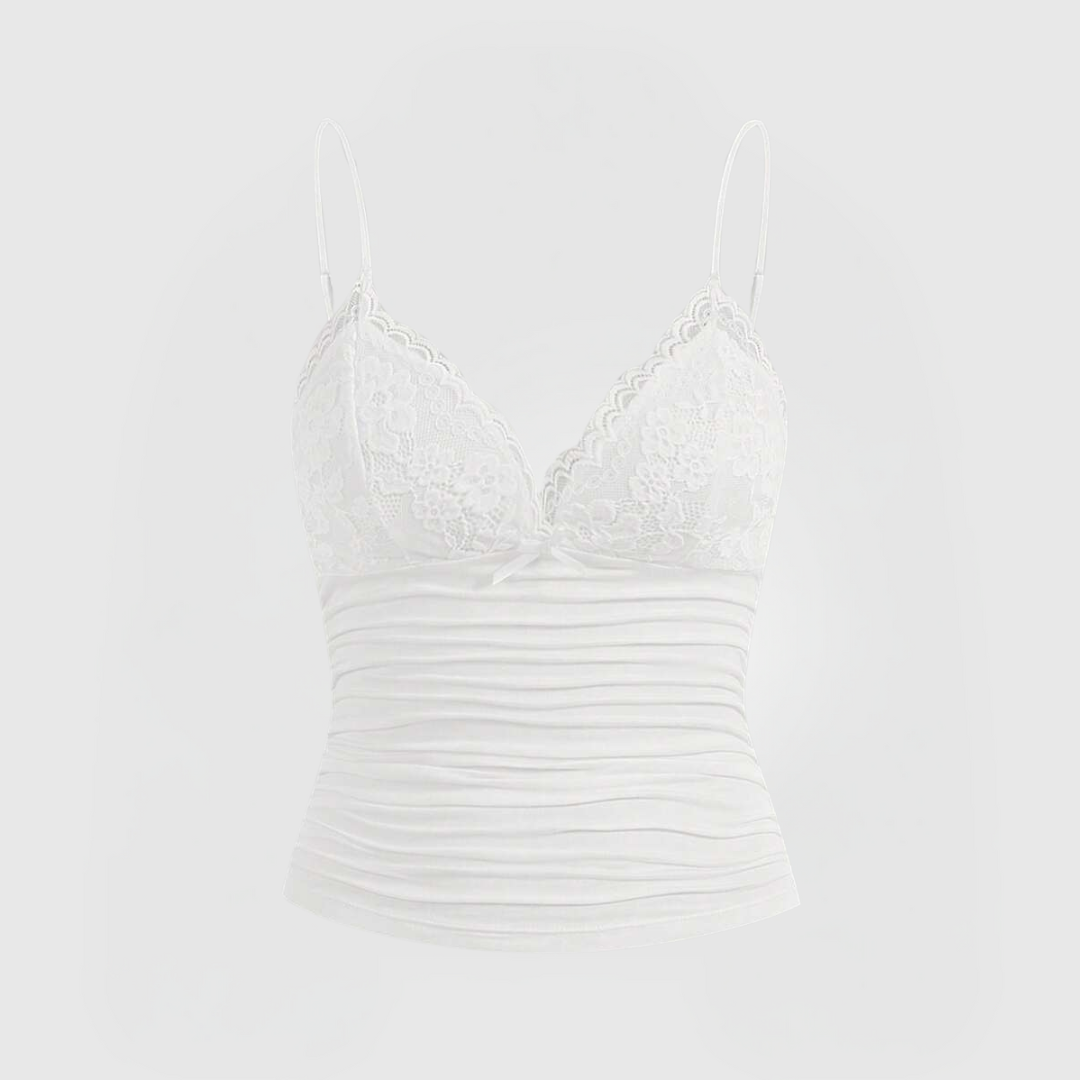 Soft Lace Cami - White with delicate lace trim, ruched front, adjustable straps, and a soft, stretchy fabric fit.