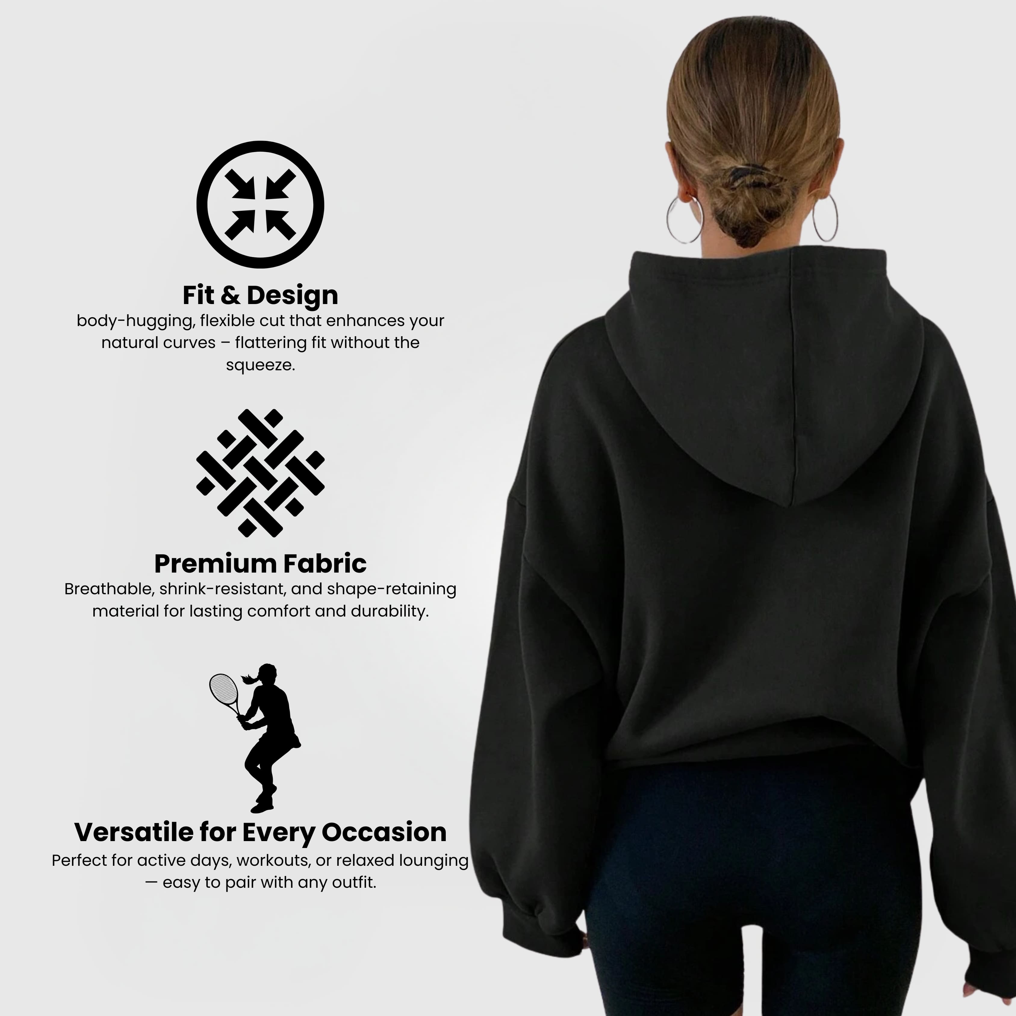 Oversized Essential Hoodie – Black shown from back, oversized fit with dropped shoulders and drawstring hood.