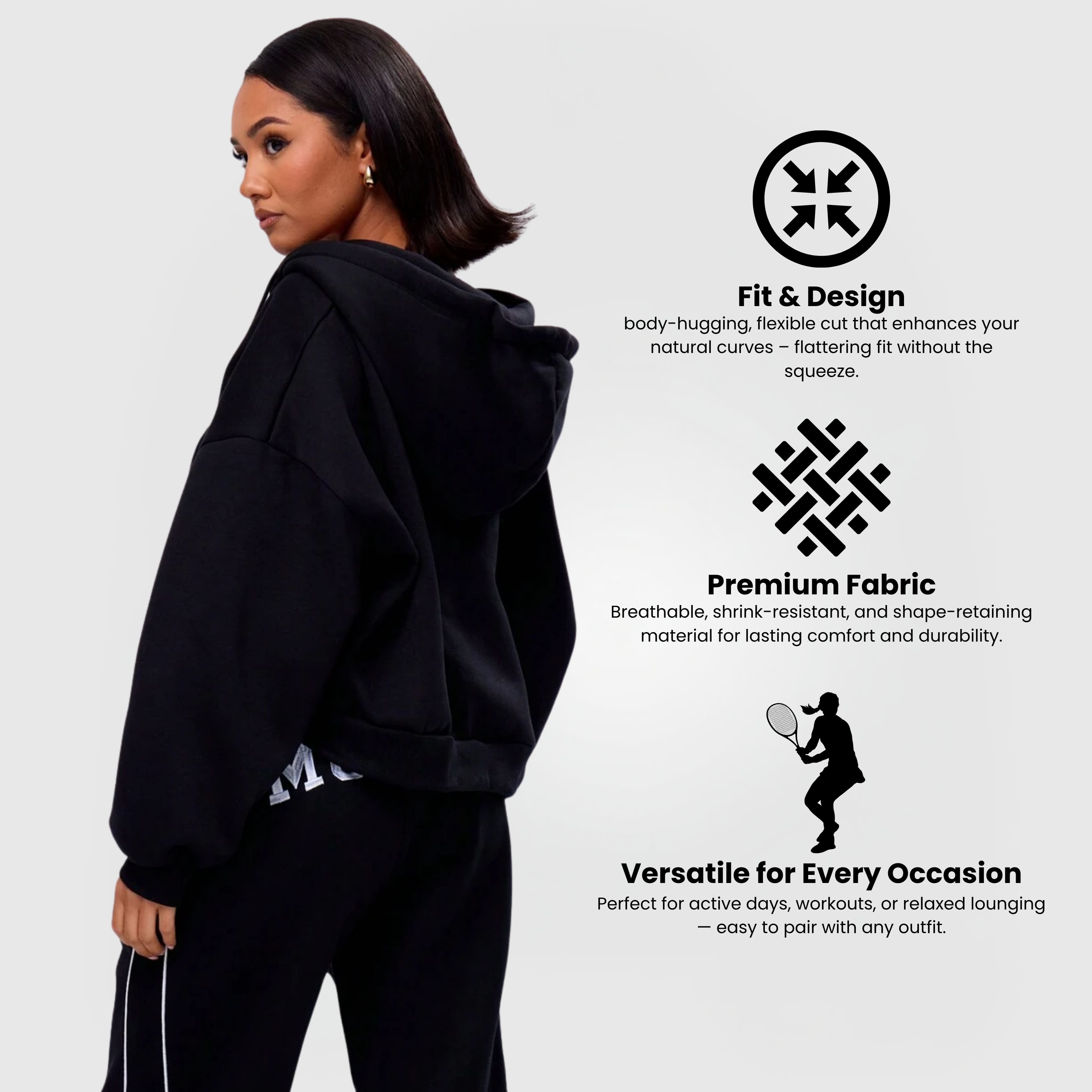 Woman wearing Comfort Zip Hoodie – Black with hood up, showcasing fit, fabric, and versatile style details.
