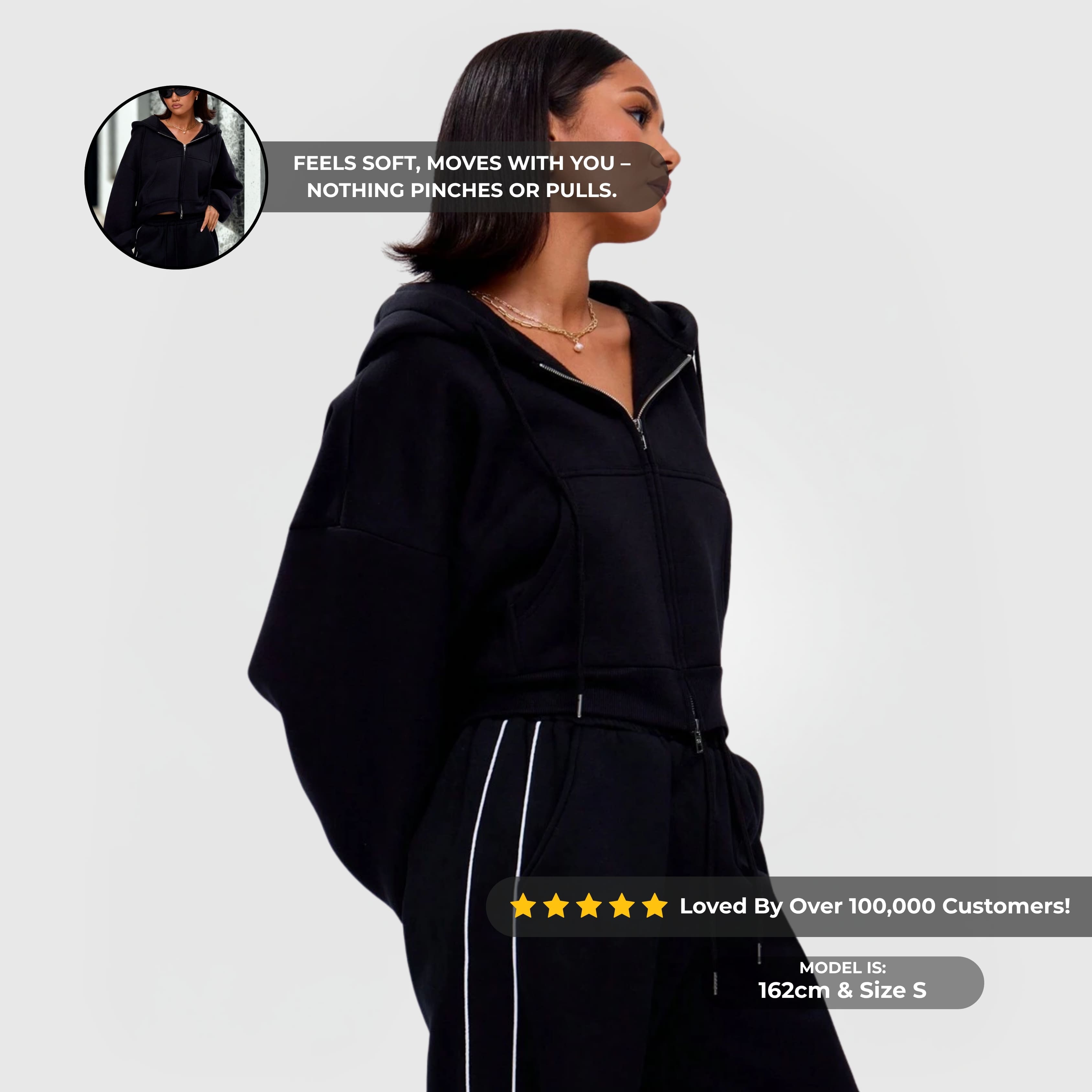 Comfort Zip Hoodie – Black worn by model shown in side profile with zip-up front and drawstring hood