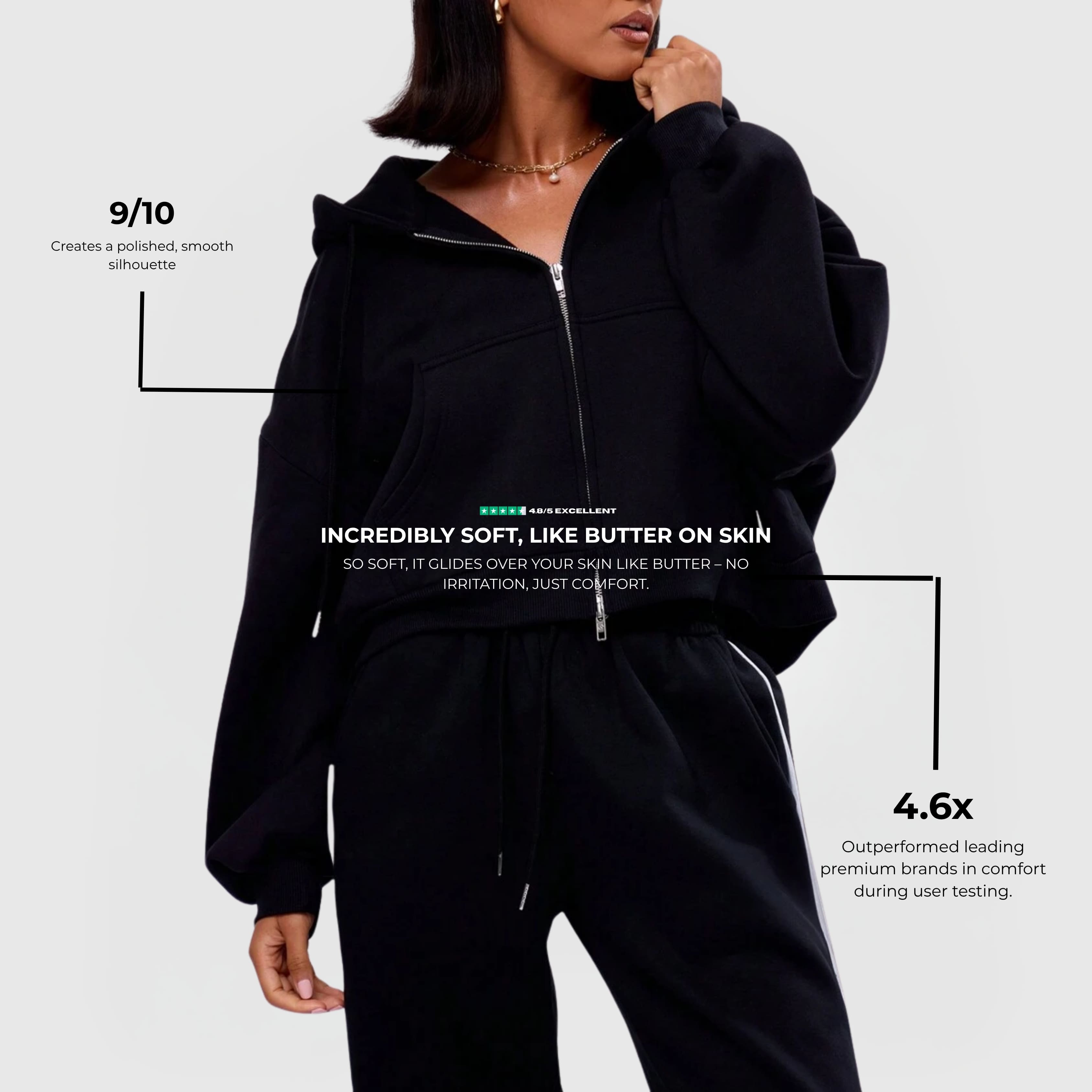 Comfort Zip Hoodie – Black on model, soft fabric with full zip, drawstring hood, and tailored fit.