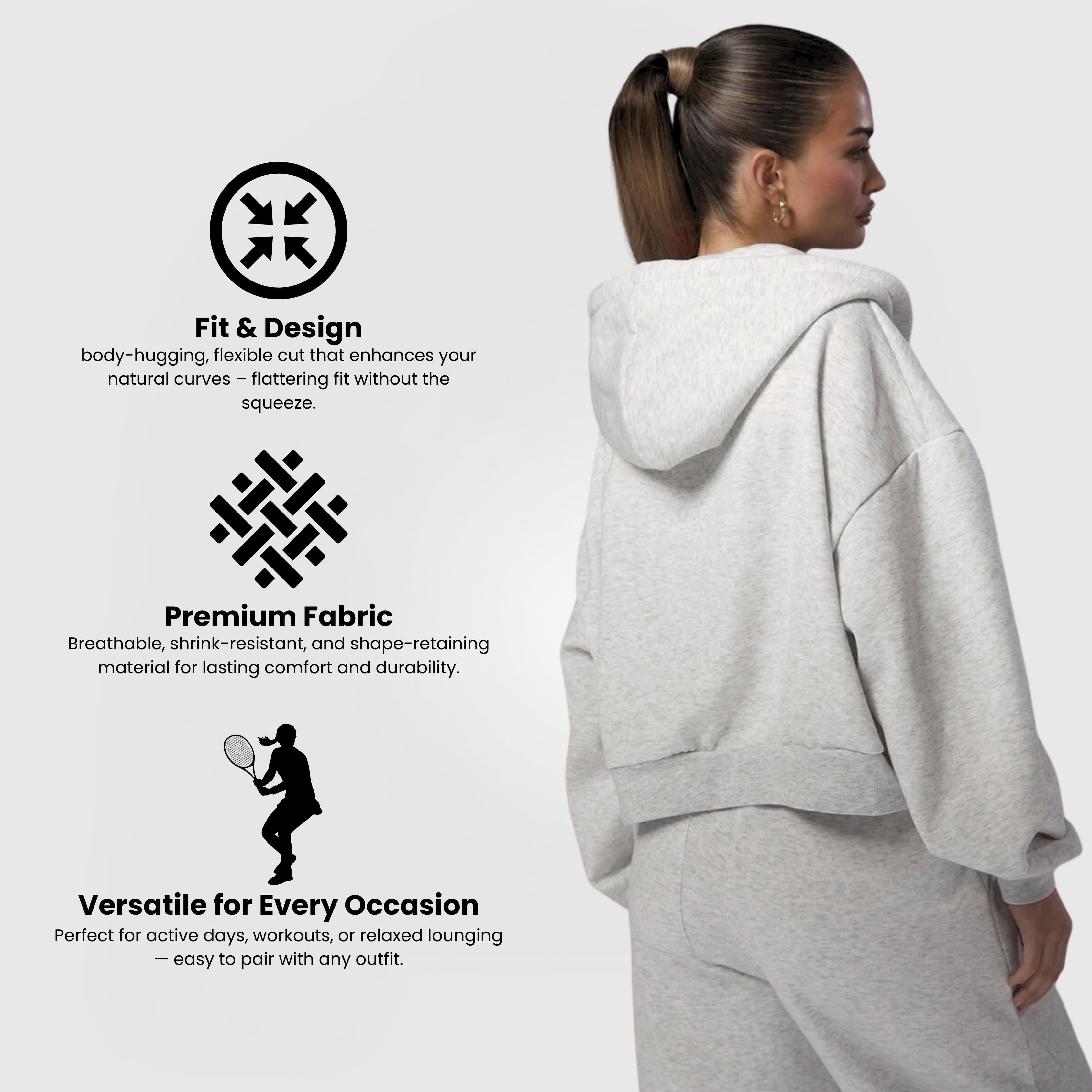 Comfort Zip Hoodie – Grey shown from back, featuring a slightly cropped, tailored fit with a drawstring hood and ribbed cuffs.