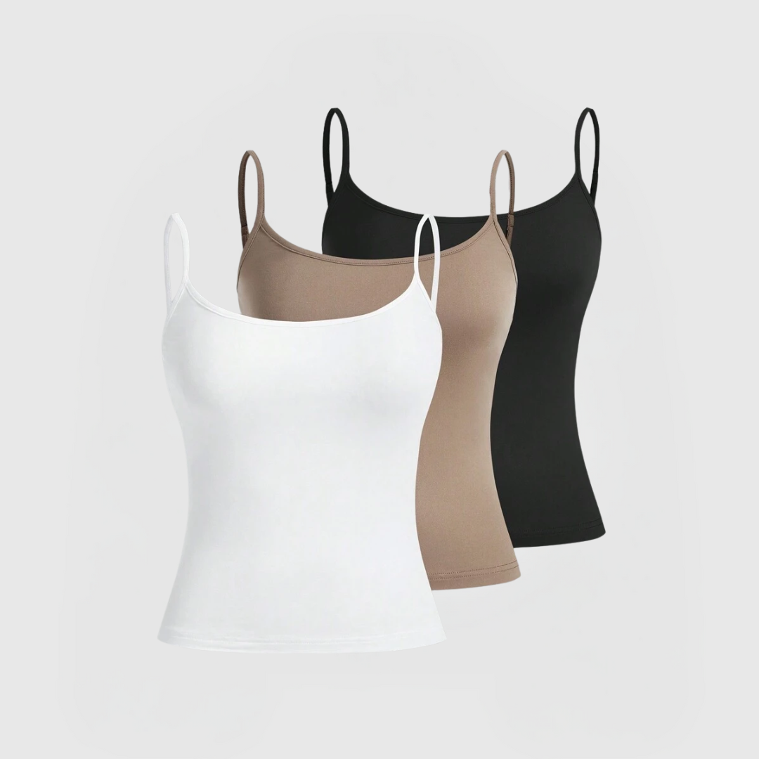 Everyday Cami 3-Pack - WMB featuring white, mocha, and black cami tops with thin straps and scoop neckline.