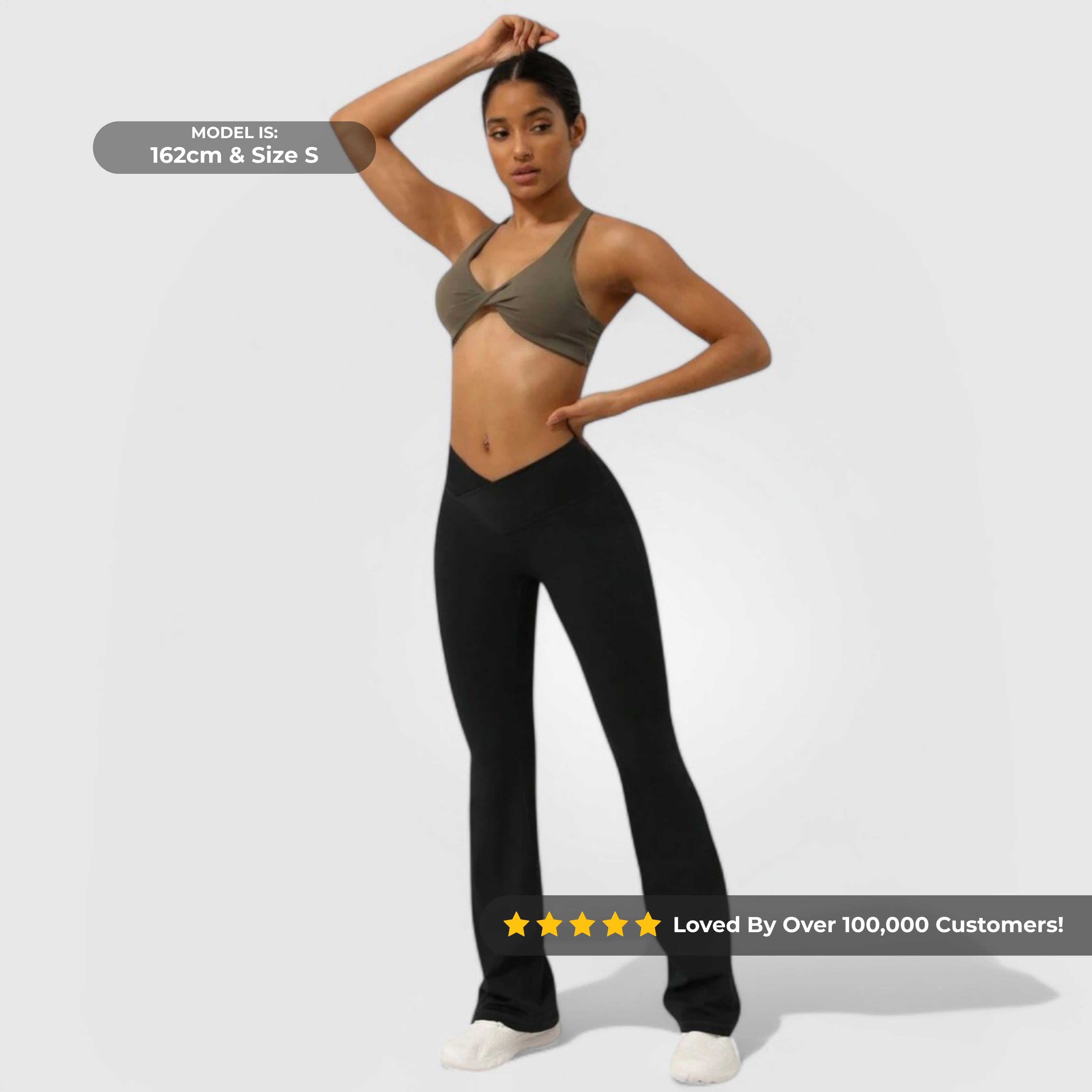 Model wearing Everyday Flare Pants - Black, high-waisted, soft stretchy fabric with a slight flare and seamless waistband.