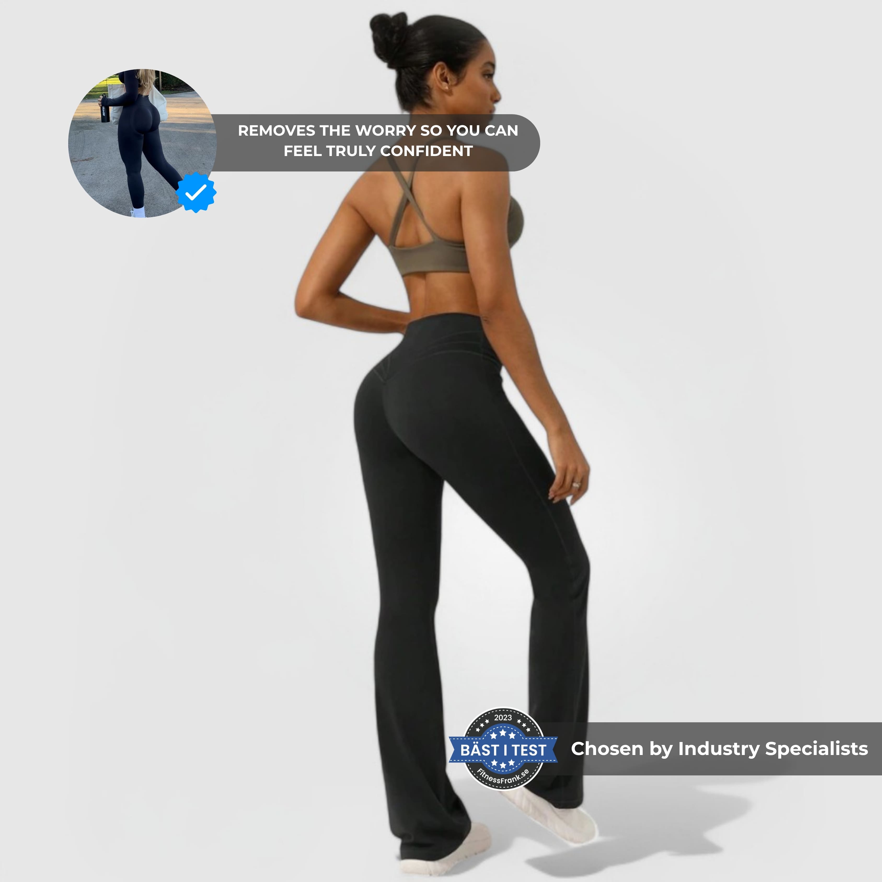 Everyday Flare Pants - Black worn by woman, high-rise fit with soft stretchy fabric and slight flare leg