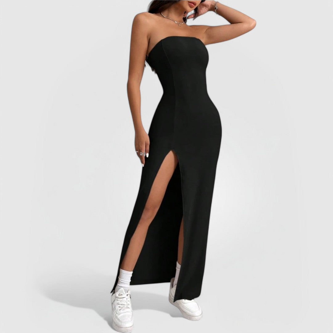 Strapless Slit Maxi – Black: sleek, body-hugging maxi dress with thigh-high slit, strapless neckline, and stretchy fabric for comfort.