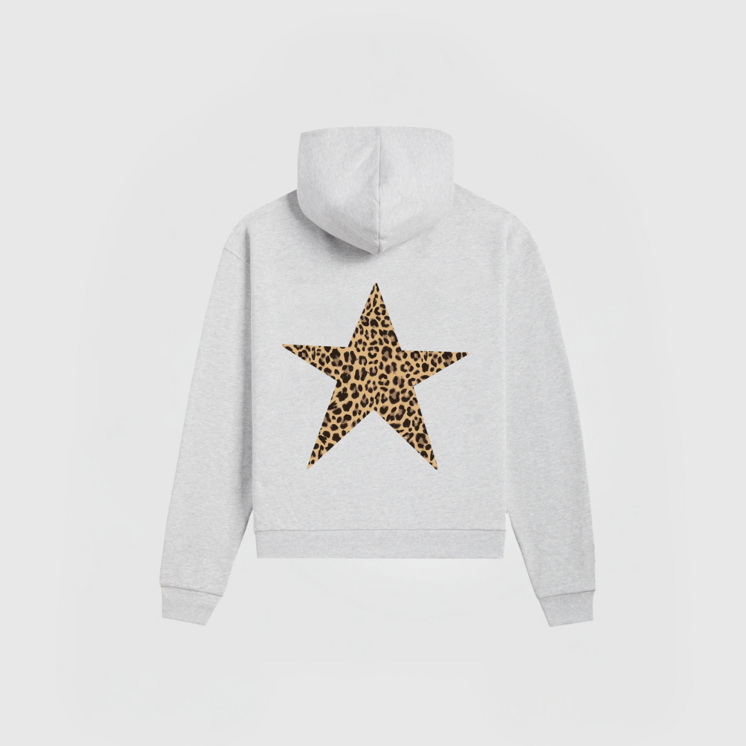 Star Hoodie – Grey with leopard print star on back, cozy fleece lining, relaxed fit, and classic hood with drawstrings.