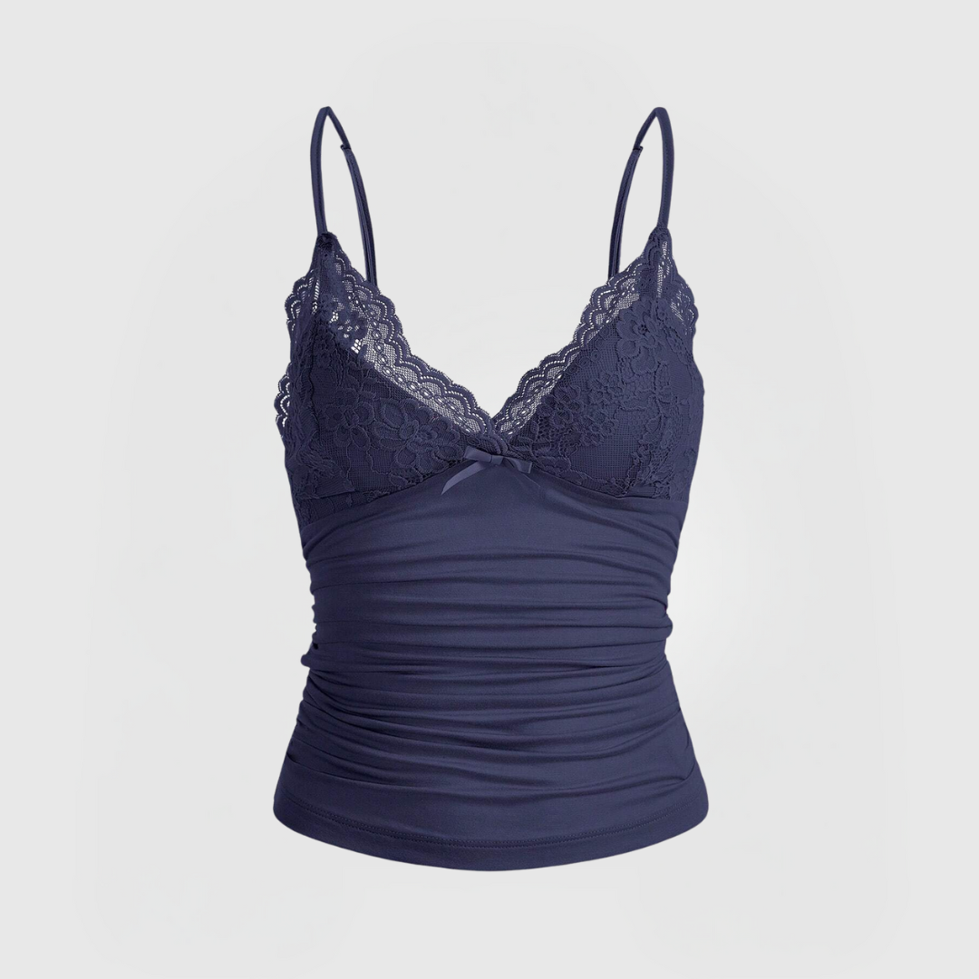 Soft Lace Cami - Blue with delicate lace trim, ruched front, adjustable straps, and form-fitting soft fabric.