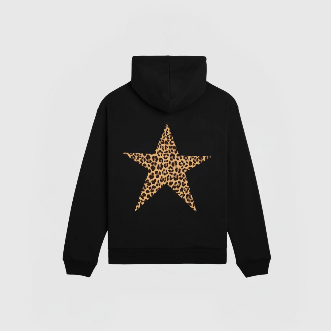Star Hoodie – Black with leopard print star detail on back, relaxed fit and classic hood for casual comfort.