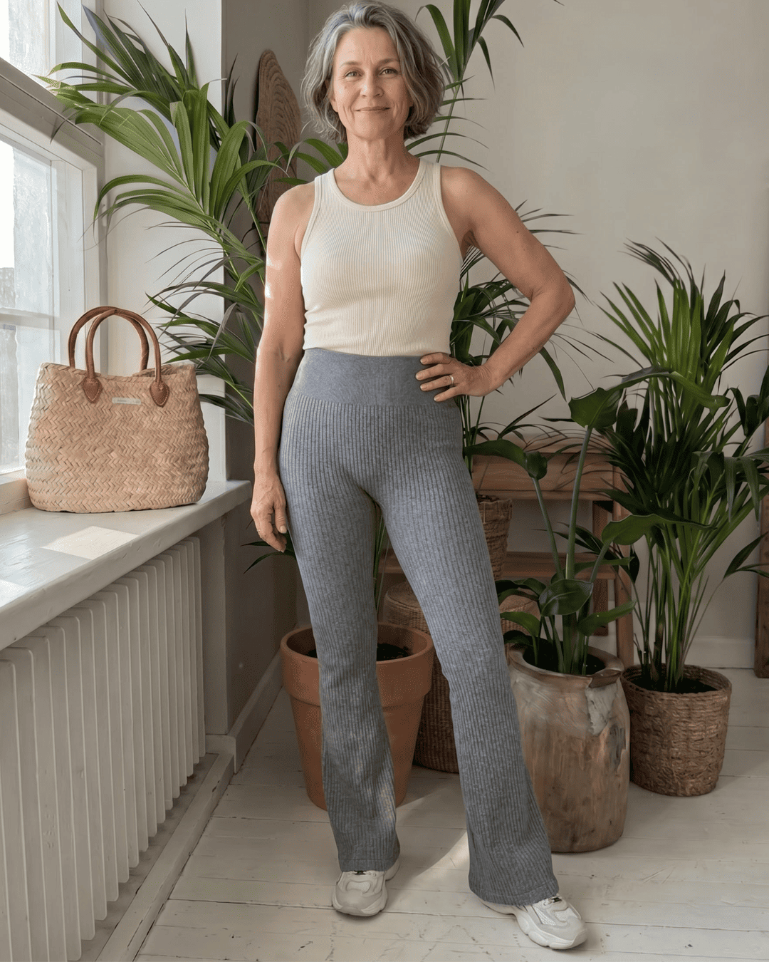 Ribbed Flare Pants - Harmaa