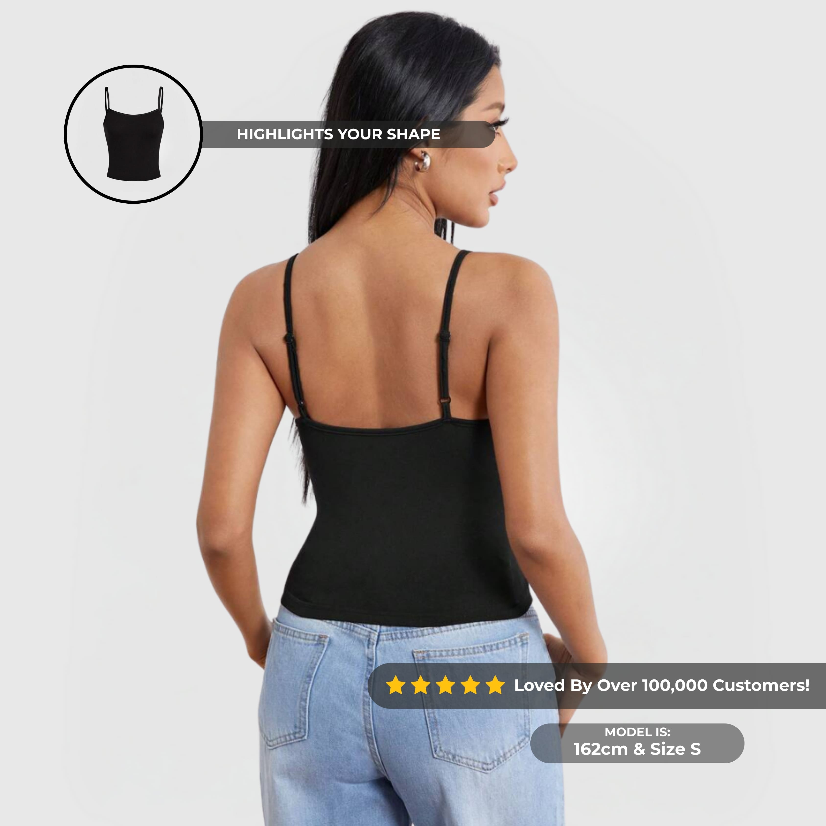 Essential Cami Top – Black worn by model showing back view with adjustable thin straps and fitted silhouette.