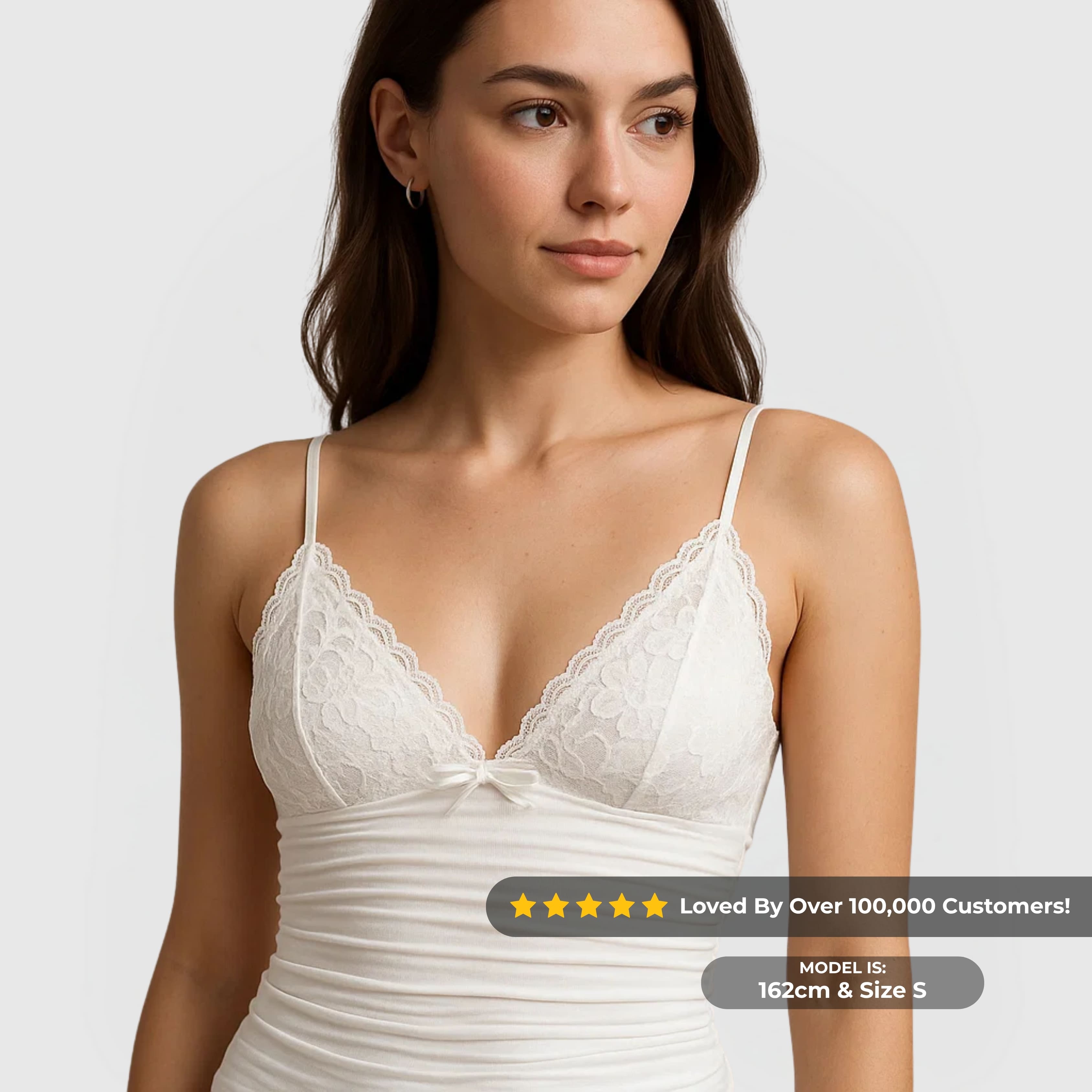 Soft Lace Cami - White on model with delicate lace trim, ruched front, adjustable straps, and form-fitting silhouette.