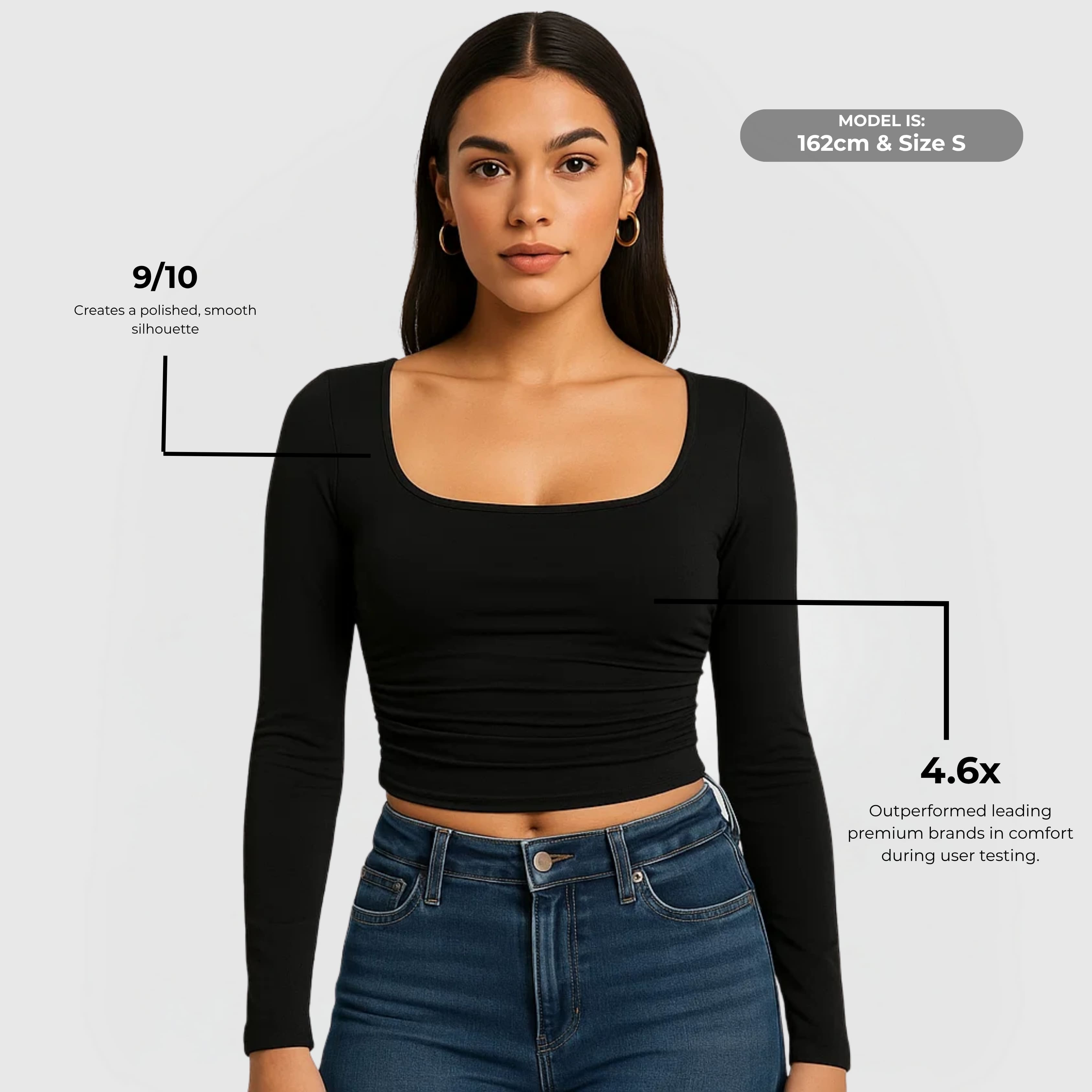 Everyday Long Sleeve 3-Pack - WGB showing fitted black long sleeve top on model with jeans and comfort info.