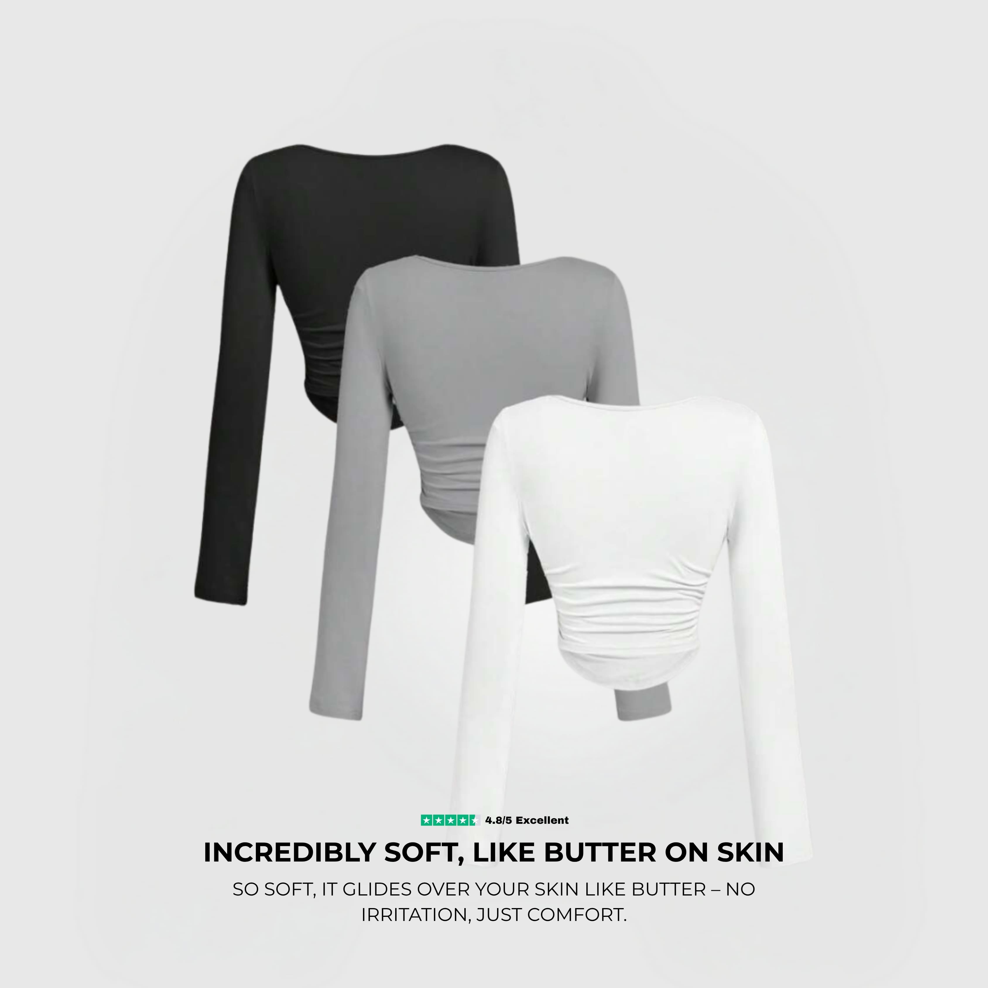 Everyday Long Sleeve 3-Pack WGB in black white and grey, soft breathable fitted crew neck tops.