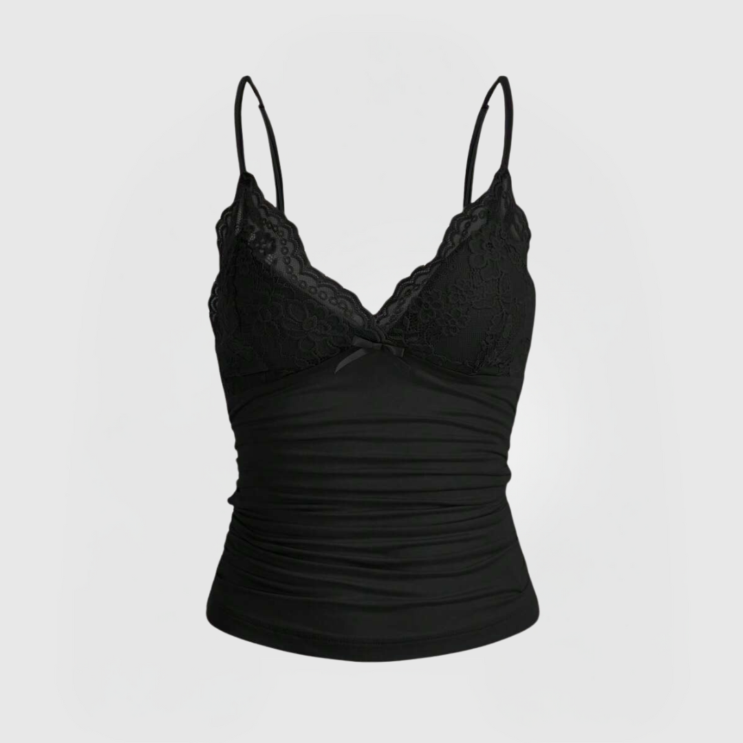 Soft Lace Cami - Black featuring delicate lace trim, ruched front, adjustable straps, and a body-hugging fit.