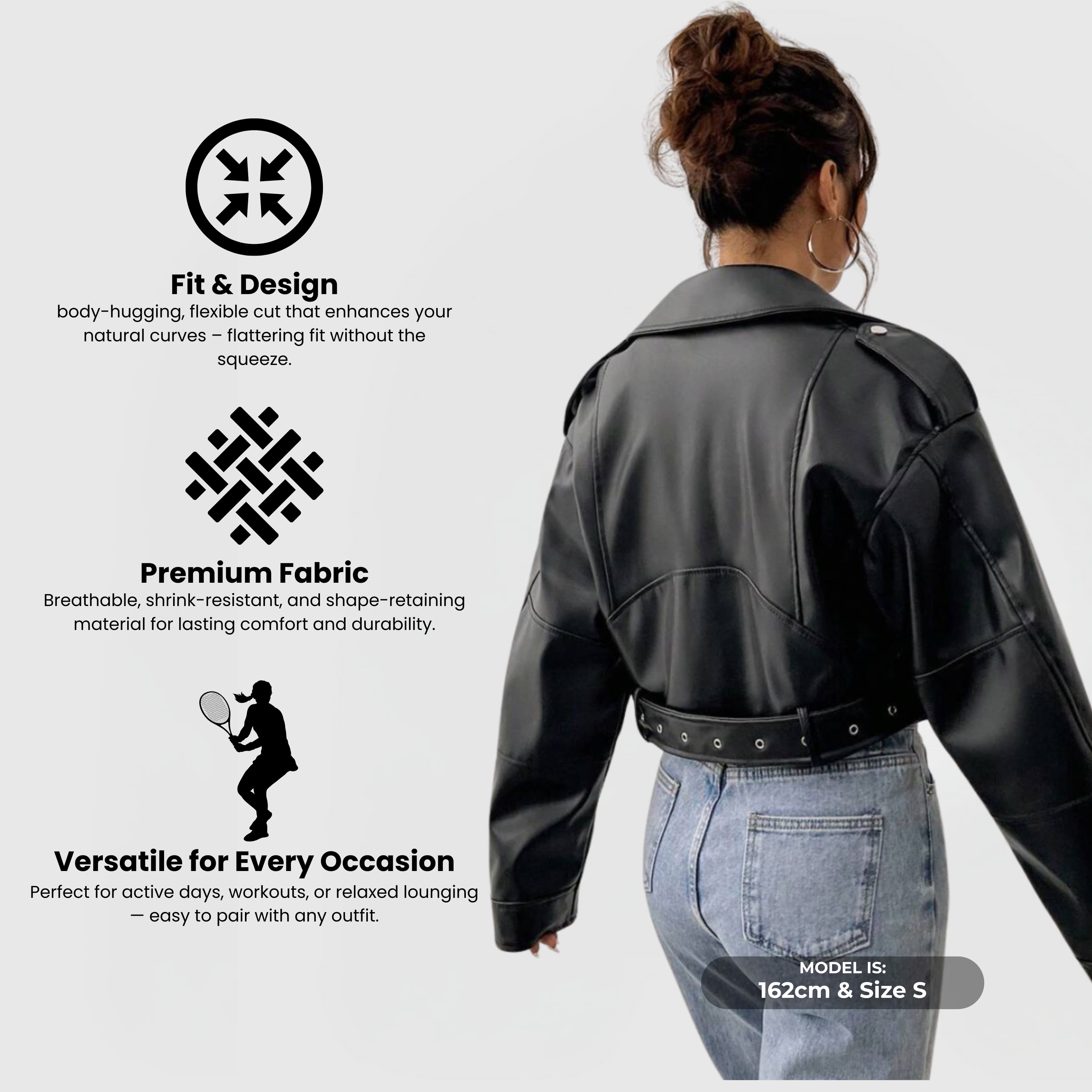 Cropped Biker Jacket – Black shown from back, featuring structured fit and adjustable waist detail on faux leather.