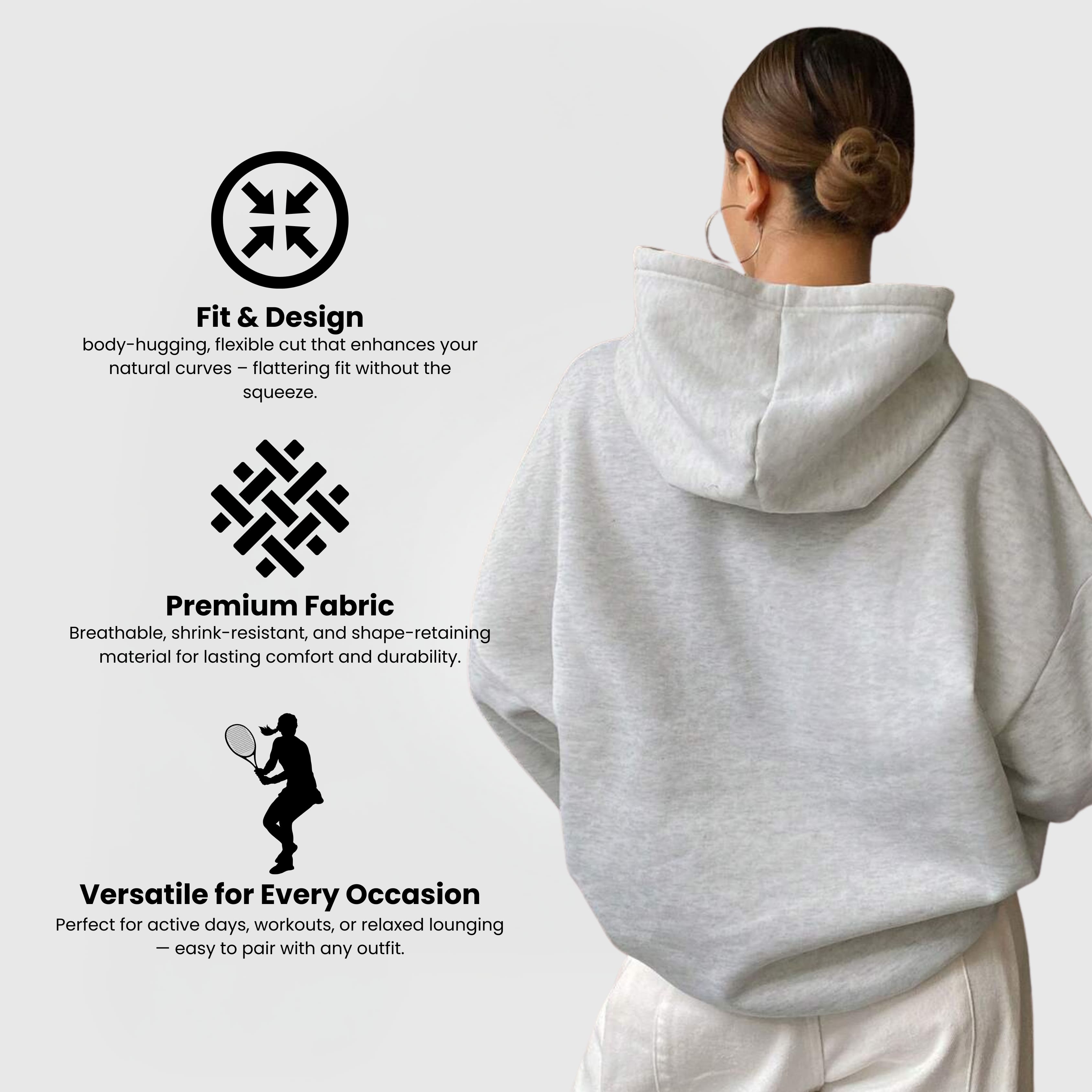 Oversized Essential Hoodie – Grey shown from back, highlighting relaxed fit, hood, and soft cotton-blend fabric.