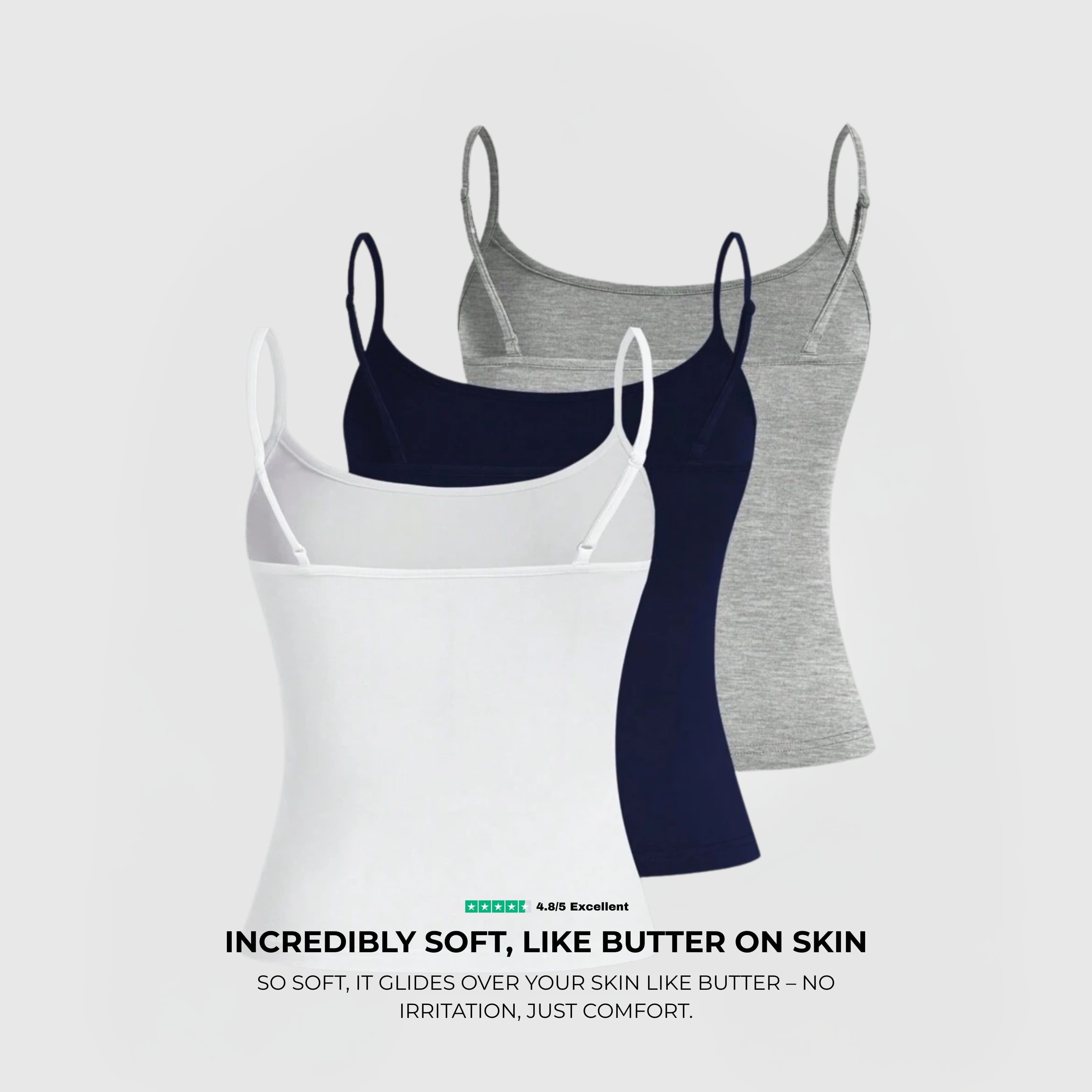 Everyday Cami 3-Pack - WBG in white, navy, and heather grey with soft, breathable fabric and thin straps.